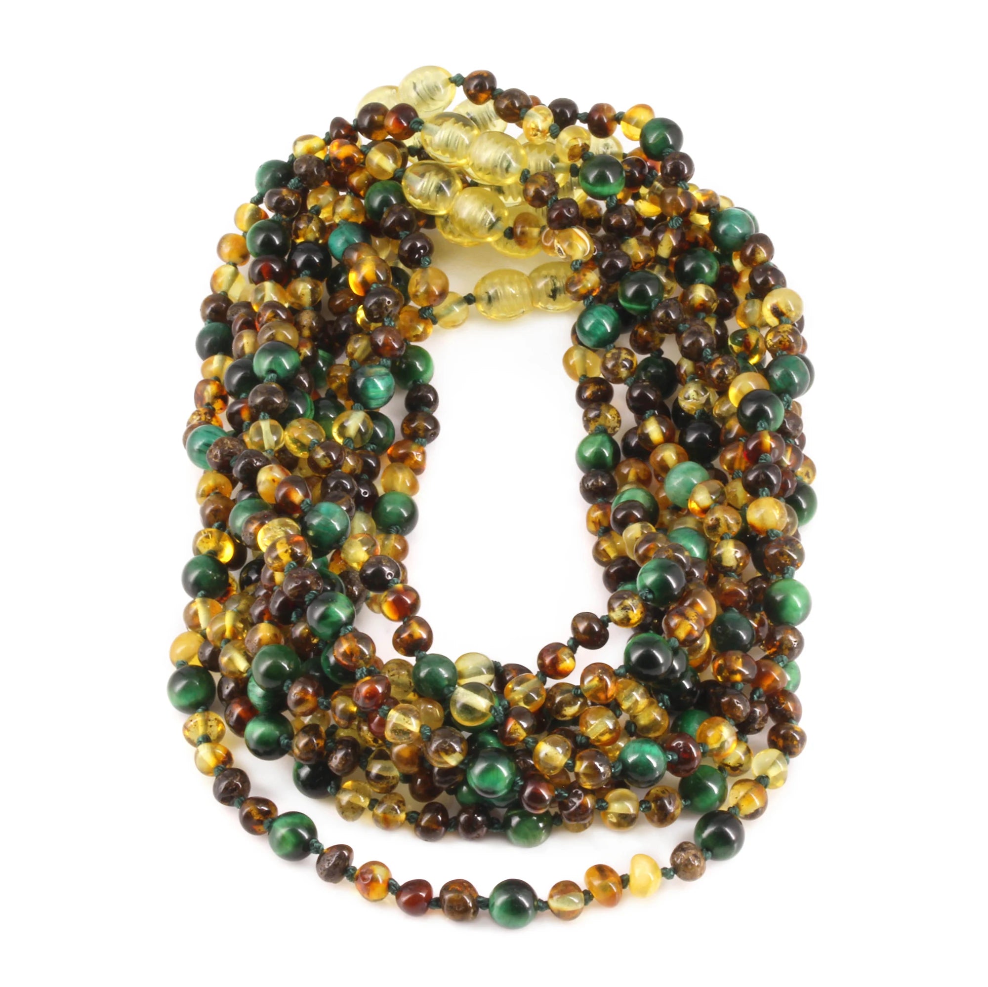 Baltic Amber & Green Tiger Eye Baby Teething Necklace Baroque Multicolor Glossy Finish - Wholesale Lot of 10pcs - 32cm / 12.6in - LE457