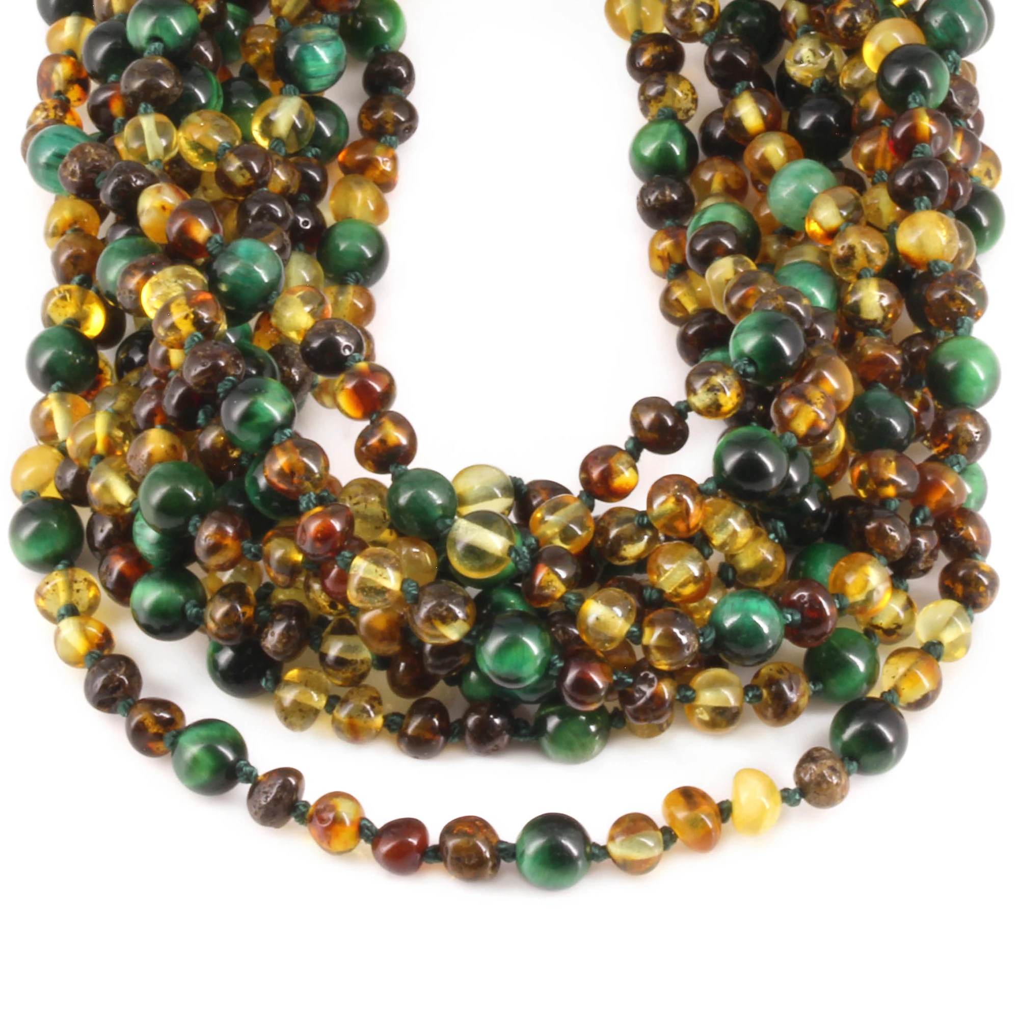 Baltic Amber & Green Tiger Eye Baby Teething Necklace Baroque Multicolor Glossy Finish - Wholesale Lot of 10pcs - 32cm / 12.6in - LE457