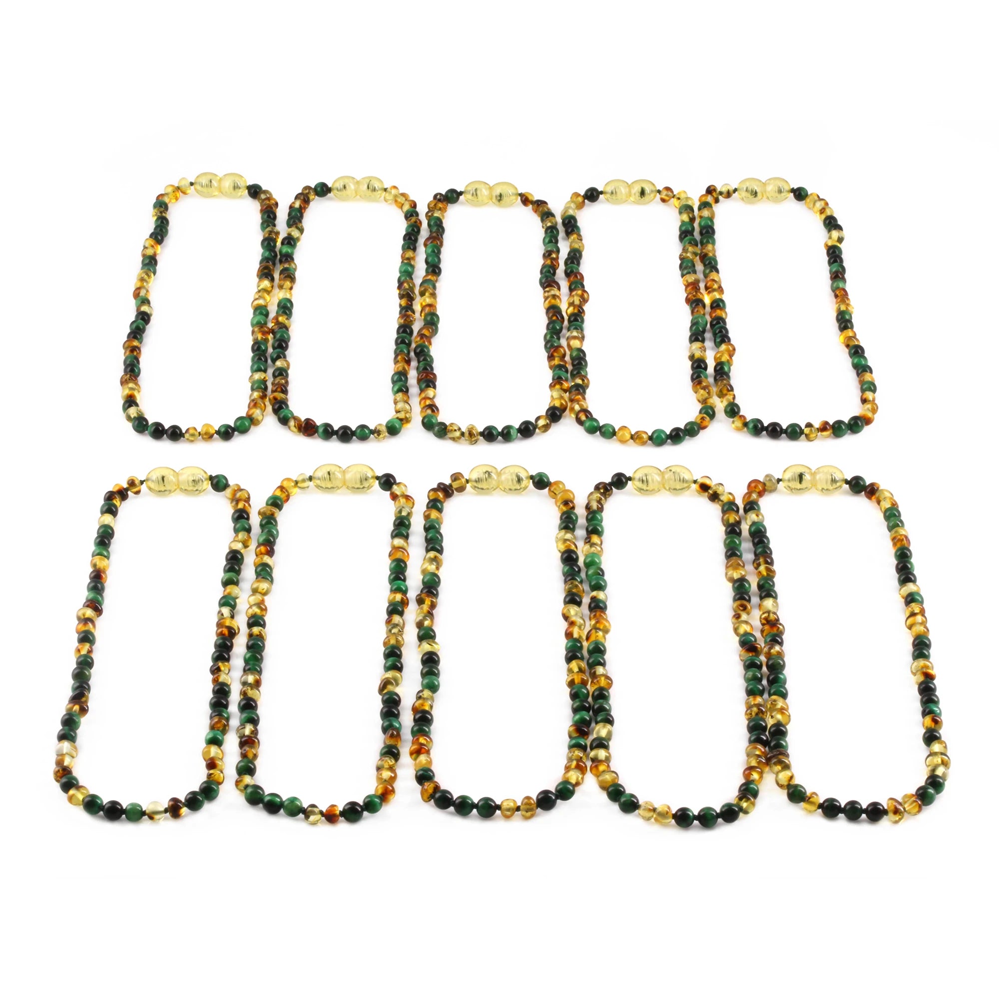 Baltic Amber & Green Tiger Eye Baby Teething Necklace Baroque Multicolor Glossy Finish - Wholesale Lot of 10pcs - 32cm / 12.6in - LE457 V2