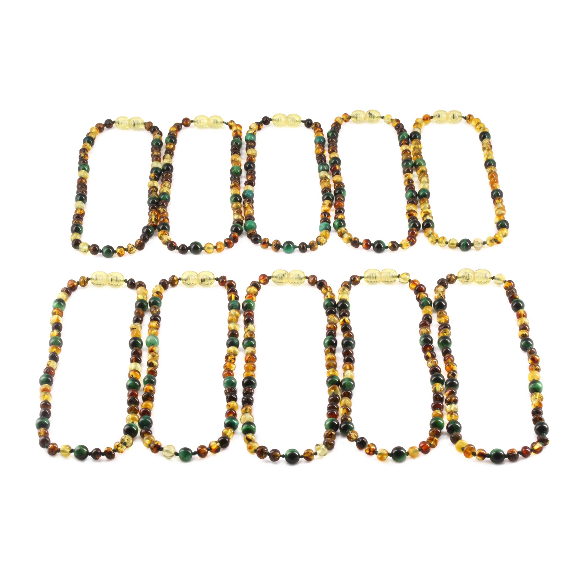 Baltic Amber & Green Tiger Eye Baby Teething Necklace Baroque Multicolor Glossy Finish - Wholesale Lot of 10pcs - 32cm / 12.6in - LE457
