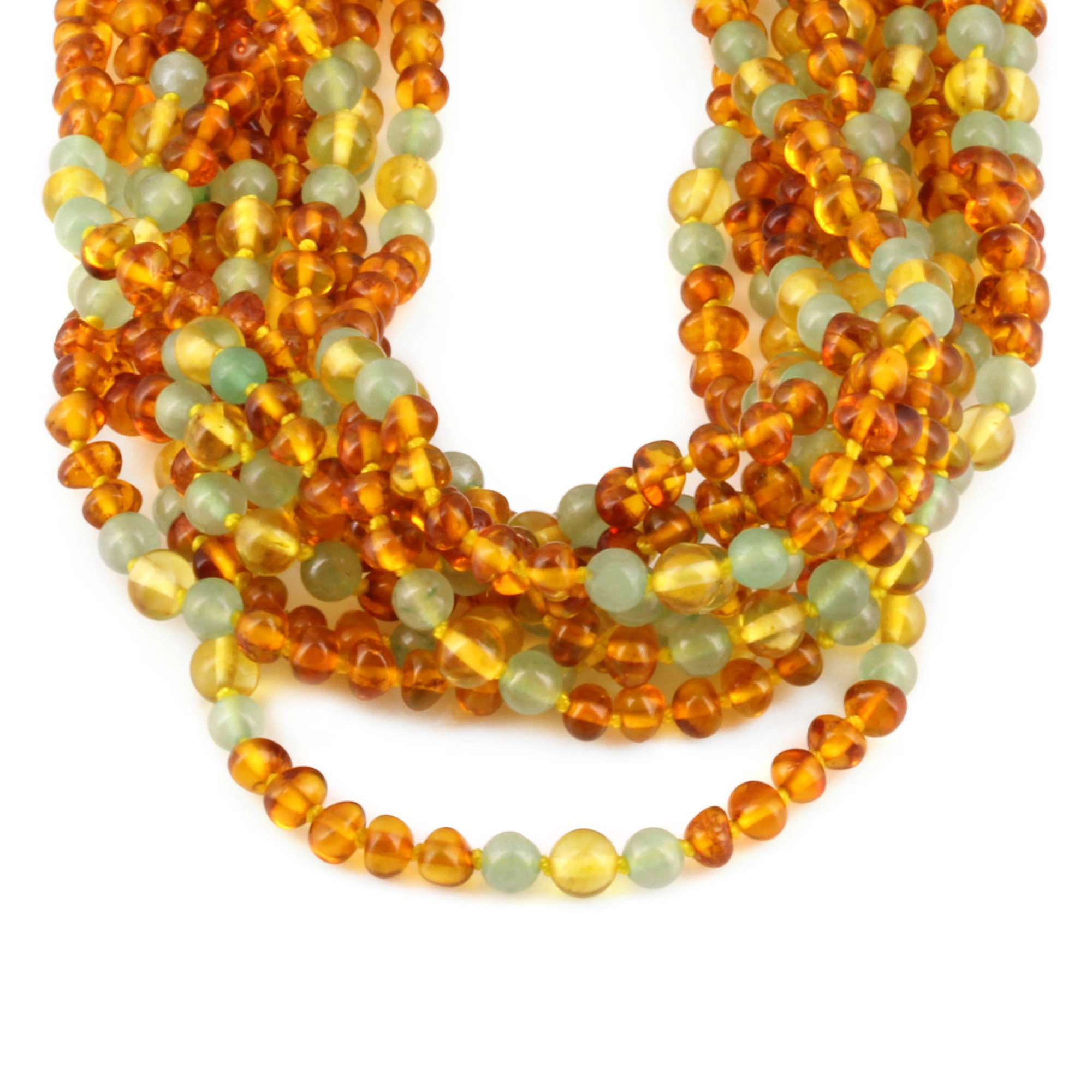 Baltic Amber & Green Aventurine Baby Teething Necklace Baroque Light Cognac Glossy Finish - Wholesale Lot of 10pcs - 32cm / 12.6in - LE385 V3
