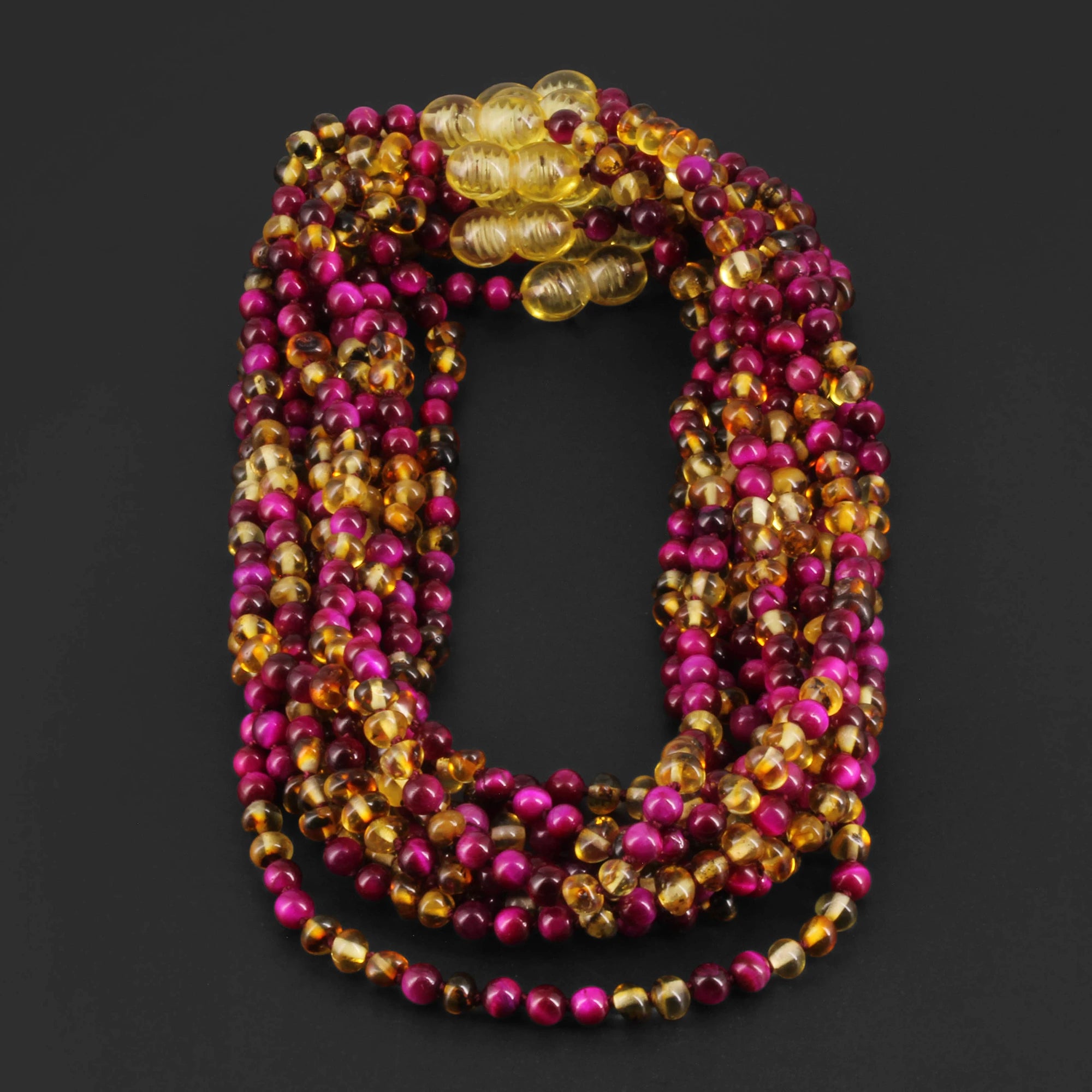 Baltic Amber & Magenta Tiger Eye Baby Teething Necklace Baroque Multicolor Glossy Finish - Wholesale Lot of 10pcs - 32cm / 12.6in - LE456 V2