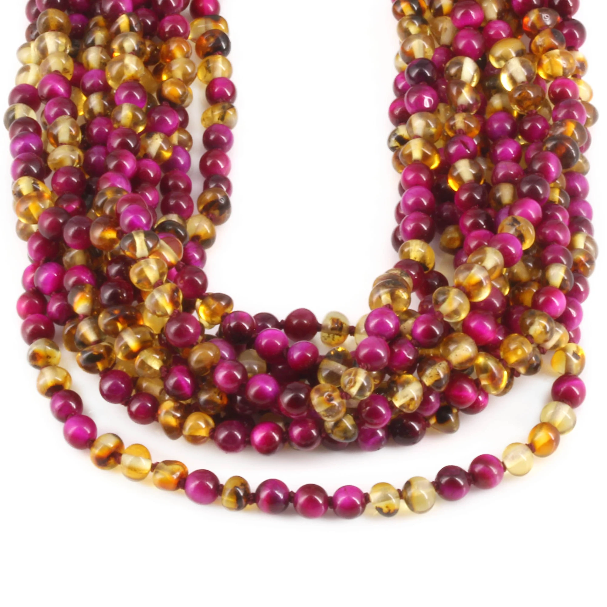 Baltic Amber & Magenta Tiger Eye Baby Teething Necklace Baroque Multicolor Glossy Finish - Wholesale Lot of 10pcs - 32cm / 12.6in - LE456 V2
