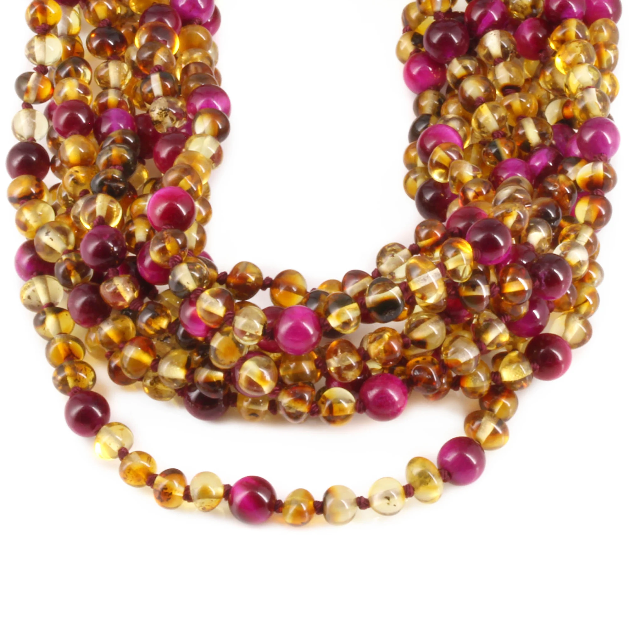 Baltic Amber & Magenta Tiger Eye Baby Teething Necklace Baroque Multicolor Glossy Finish - Wholesale Lot of 10pcs - 32cm / 12.6in - LE456