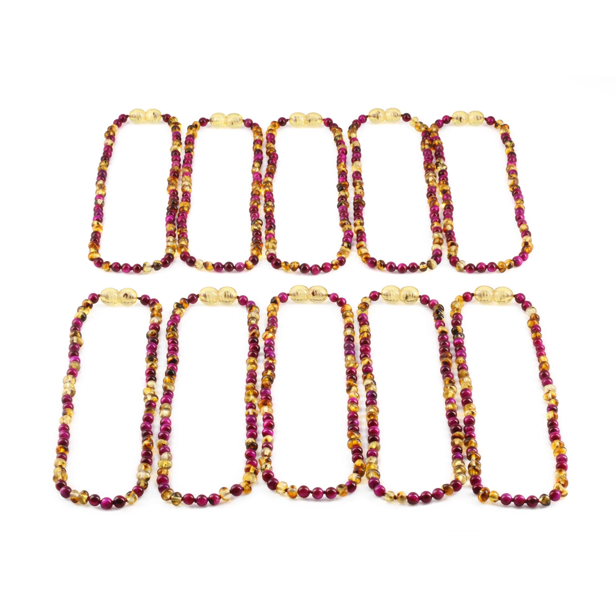 Baltic Amber & Magenta Tiger Eye Baby Teething Necklace Baroque Multicolor Glossy Finish - Wholesale Lot of 10pcs - 32cm / 12.6in - LE456 V2