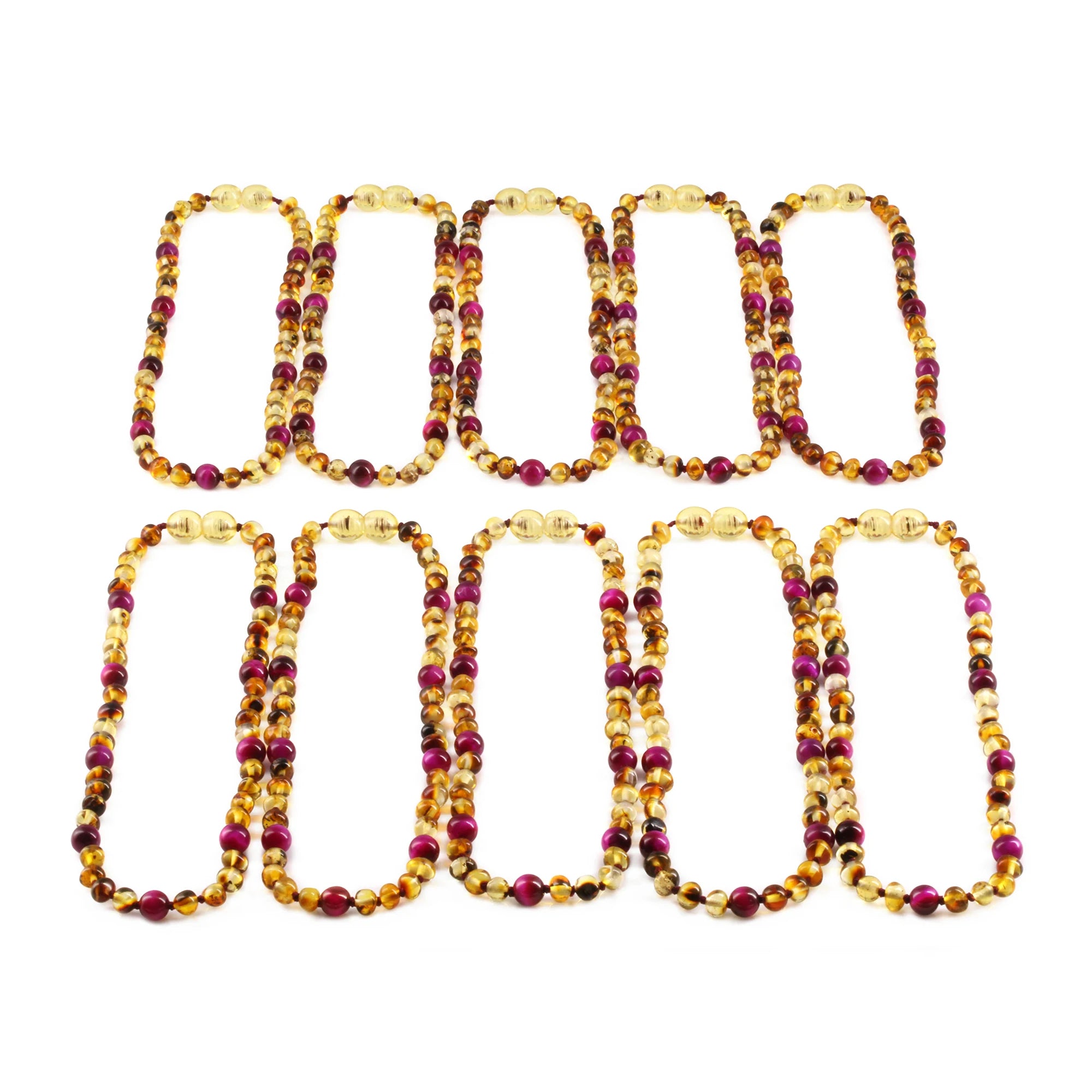 Baltic Amber & Magenta Tiger Eye Baby Teething Necklace Baroque Multicolor Glossy Finish - Wholesale Lot of 10pcs - 32cm / 12.6in - LE456