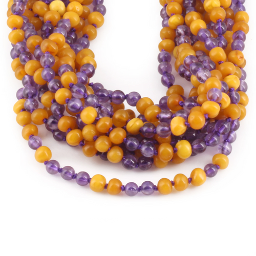 Baltic Amber & Amethyst Baby Teething Necklace Baroque Milky Orange Glossy Finish - Wholesale Lot of 10pcs - 32cm / 12.6in - AGL37