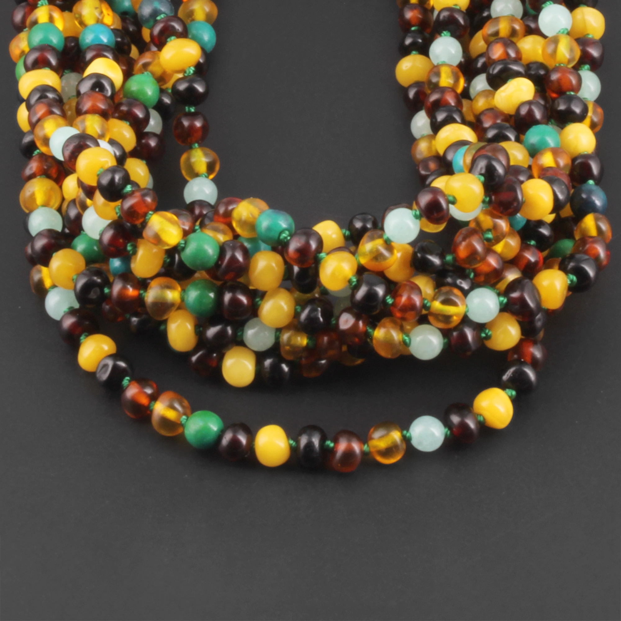 Baltic Amber, Amazonite & Azurite Baby Teething Necklace Baroque Multicolor Glossy Finish - Wholesale Lot of 10pcs - 32cm / 12.6in - AGL42