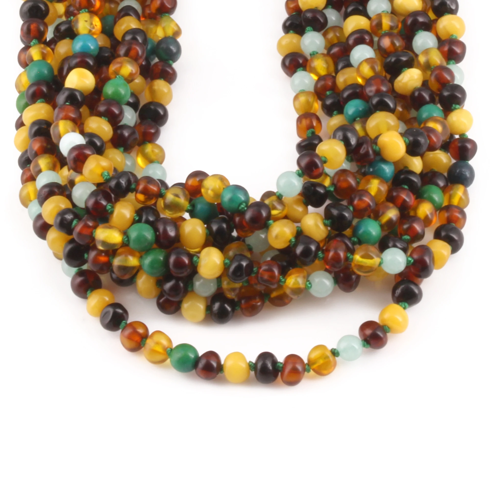 Baltic Amber, Amazonite & Azurite Baby Teething Necklace Baroque Multicolor Glossy Finish - Wholesale Lot of 10pcs - 32cm / 12.6in - AGL42