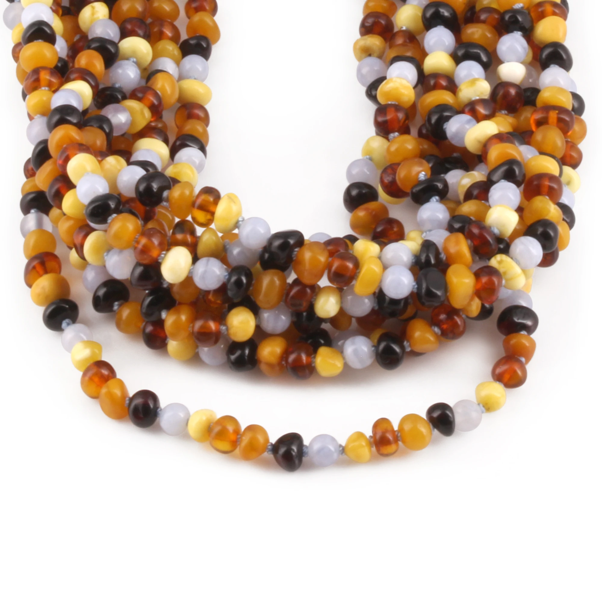 Baltic Amber & Blue Chalcedony Baby Teething Necklace Baroque Multicolor Glossy Finish - Wholesale Lot of 10pcs - 32cm / 12.6in - AG61