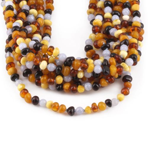 Baltic Amber & Blue Chalcedony Baby Teething Necklace Baroque Multicolor Glossy Finish - Wholesale Lot of 10pcs - 32cm / 12.6in - AG61