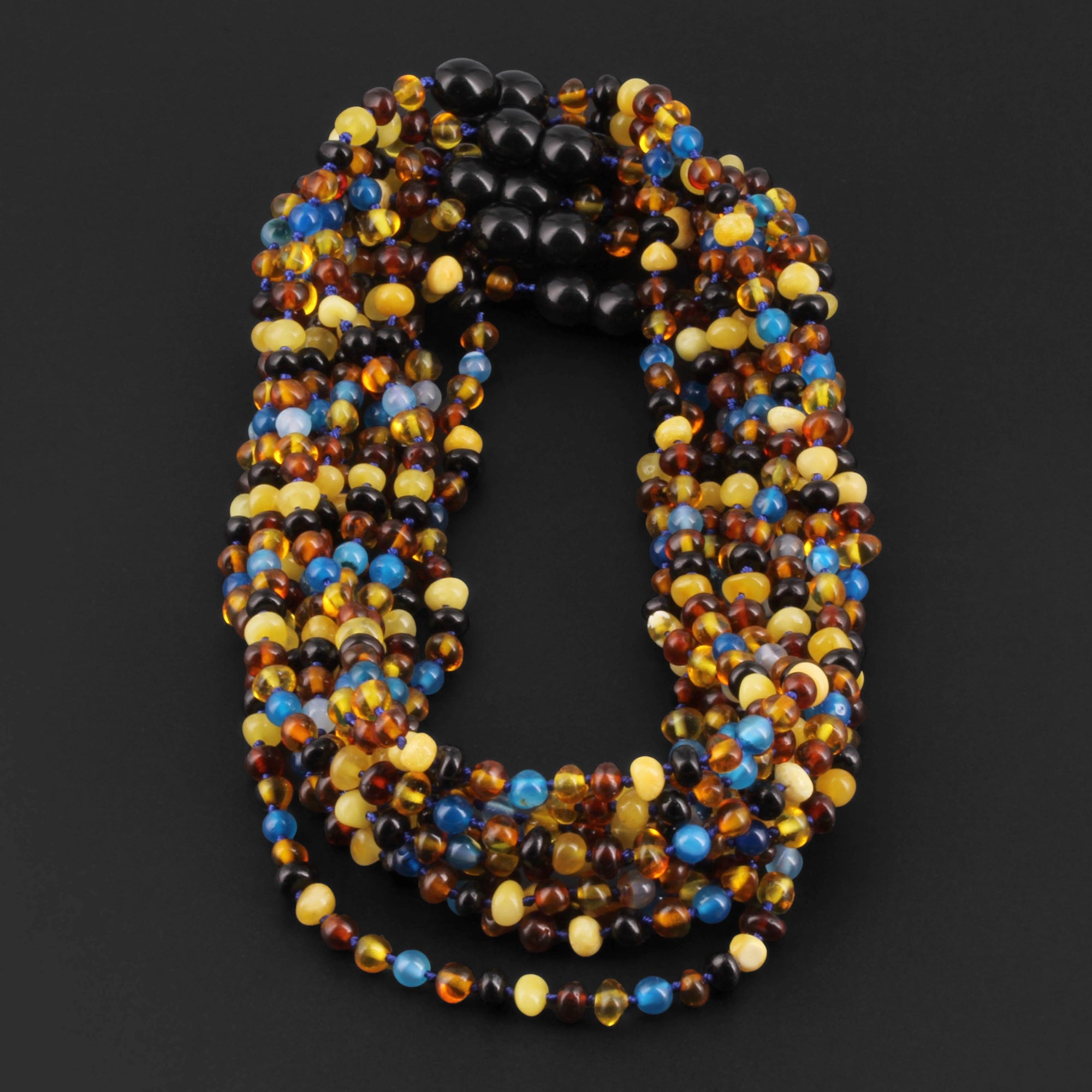 Baltic Amber & Blue Agate Baby Teething Necklace Baroque Multicolor Glossy Finish - Wholesale Lot of 10pcs - 32cm / 12.6in - LE464 V2