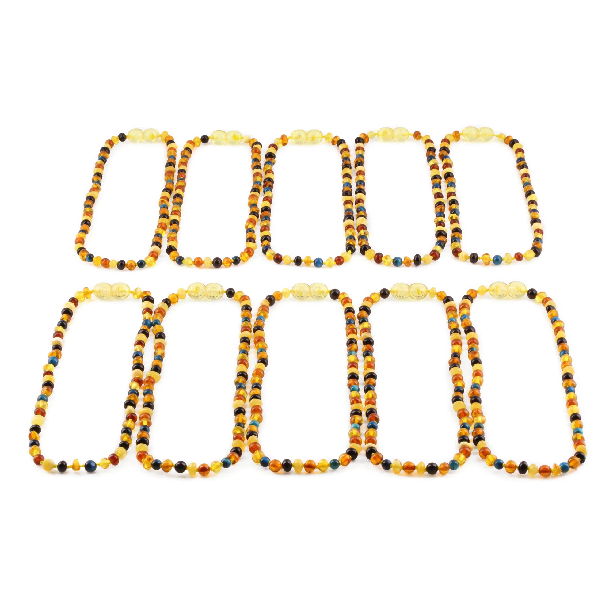 Baltic Amber & Blue Tiger Eye Baby Teething Necklace Baroque Multicolor Glossy Finish - Wholesale Lot of 10pcs - 32cm / 12.6in - LE514 V2