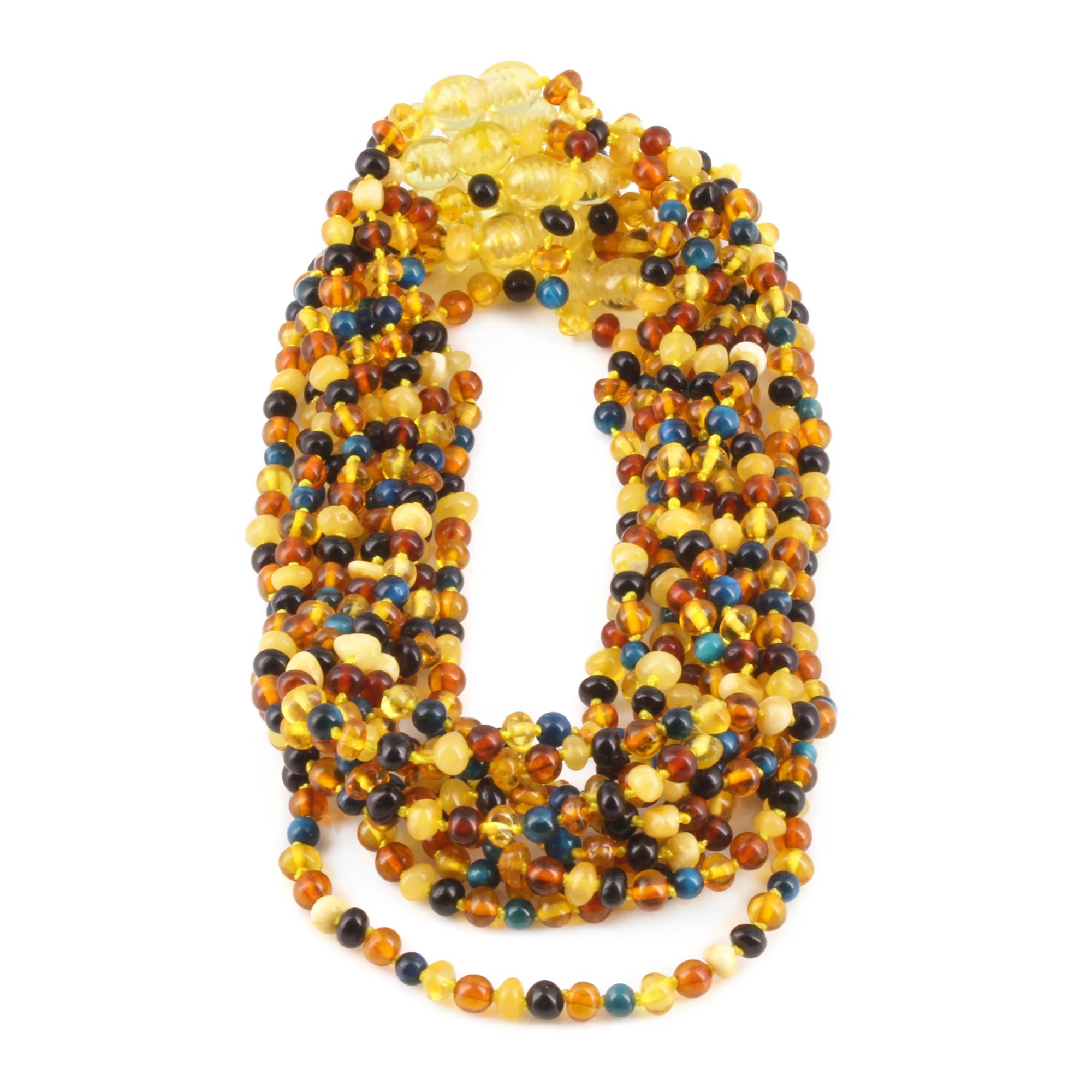 Baltic Amber & Blue Tiger Eye Baby Teething Necklace Baroque Multicolor Glossy Finish - Wholesale Lot of 10pcs - 32cm / 12.6in - LE514 V2