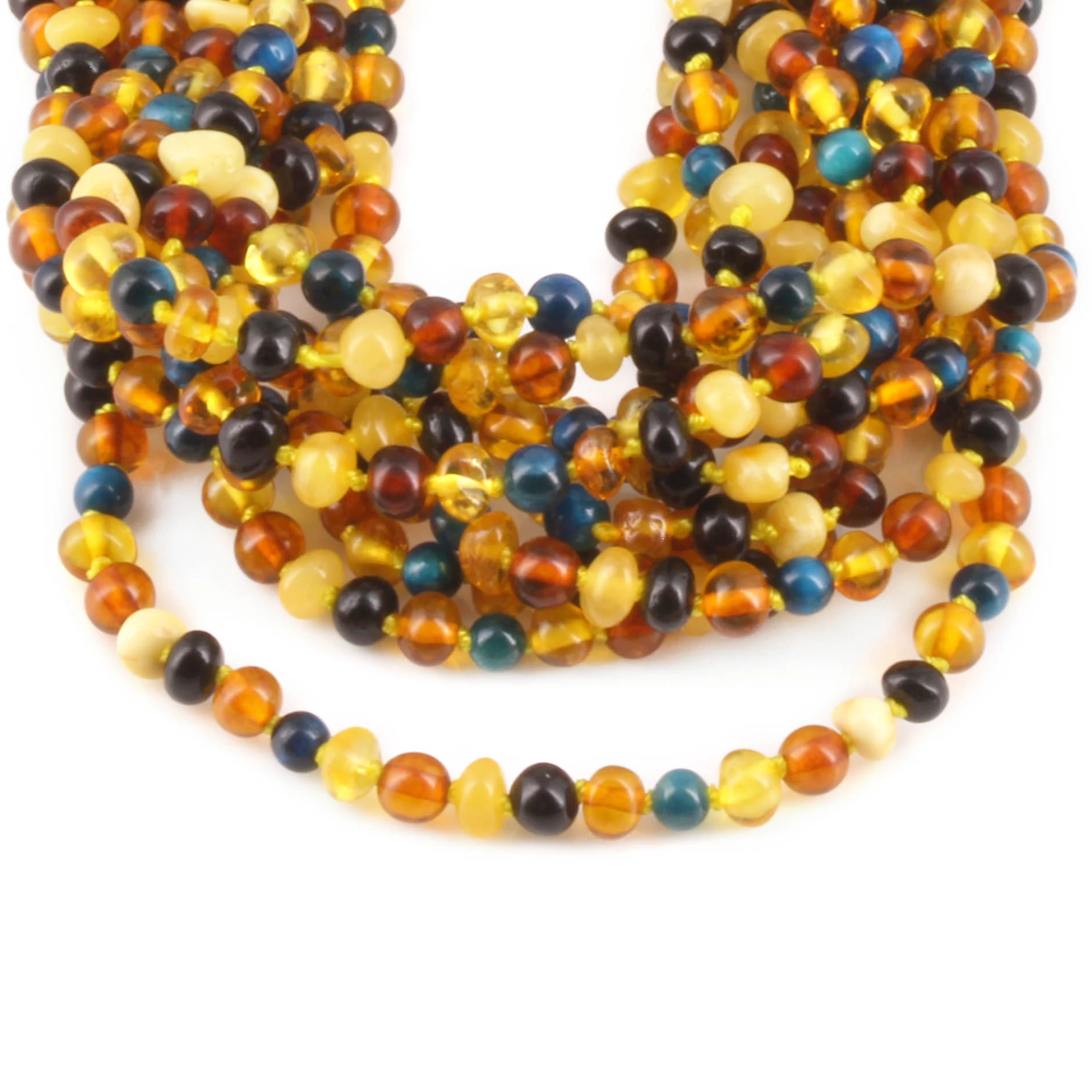 Baltic Amber & Blue Tiger Eye Baby Teething Necklace Baroque Multicolor Glossy Finish - Wholesale Lot of 10pcs - 32cm / 12.6in - LE514 V2