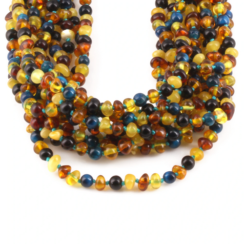 Baltic Amber & Blue Tiger Eye Baby Teething Necklace Baroque Multicolor Glossy Finish - Wholesale Lot of 10pcs - 32cm / 12.6in - LE463 V2-S