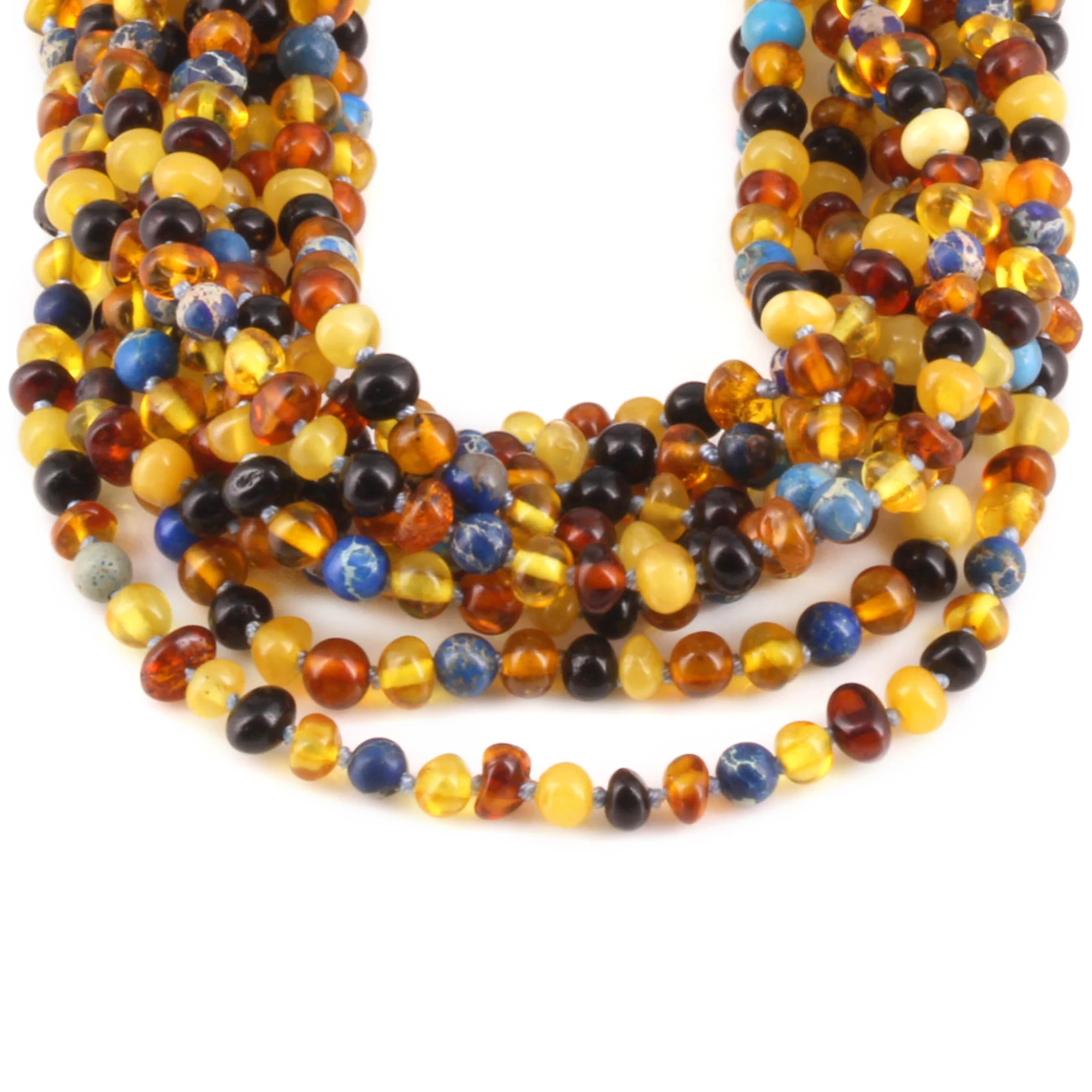 Baltic Amber & Blue Jasper Baby Teething Necklace Baroque Multicolor Glossy Finish - Wholesale Lot of 10pcs - 32cm / 12.6in - LE555-S
