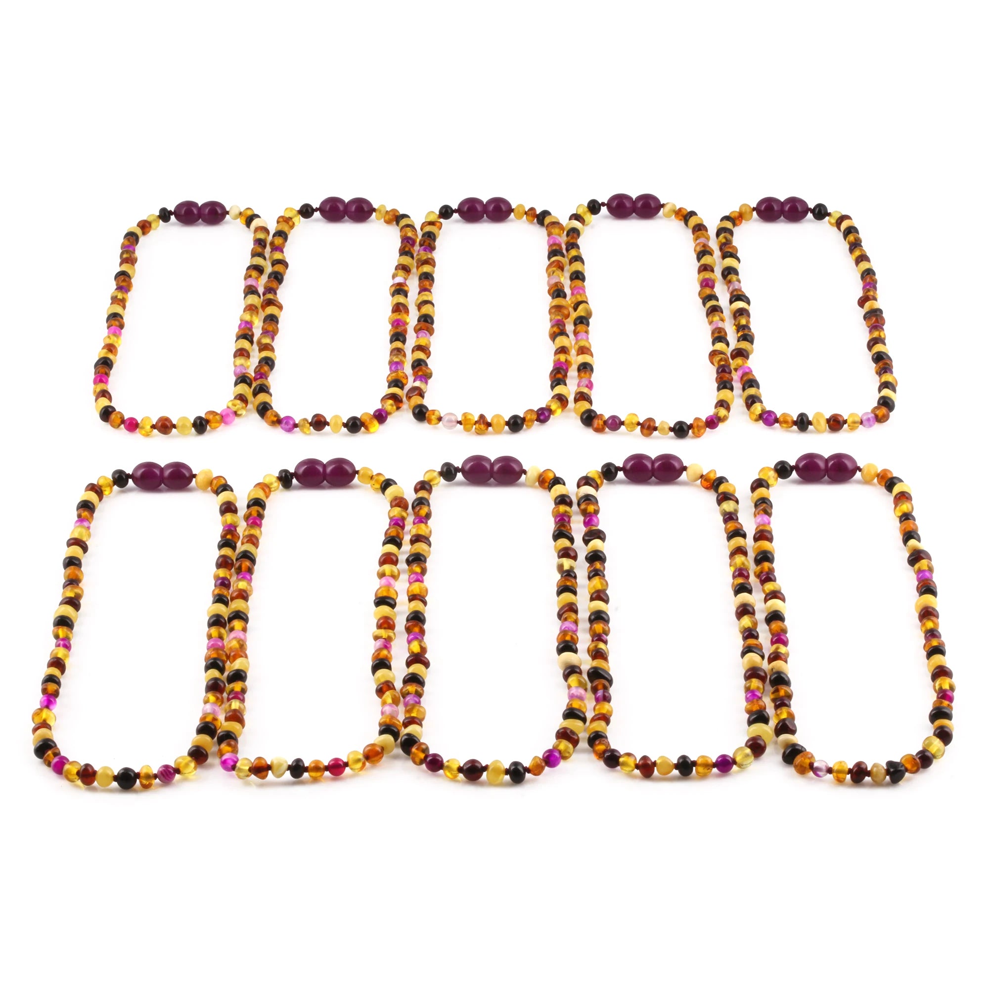 Baltic Amber & Pink Agate Baby Teething Necklace Baroque Multicolor Glossy Finish - Wholesale Lot of 10pcs - 32cm / 12.6in - LE458-S