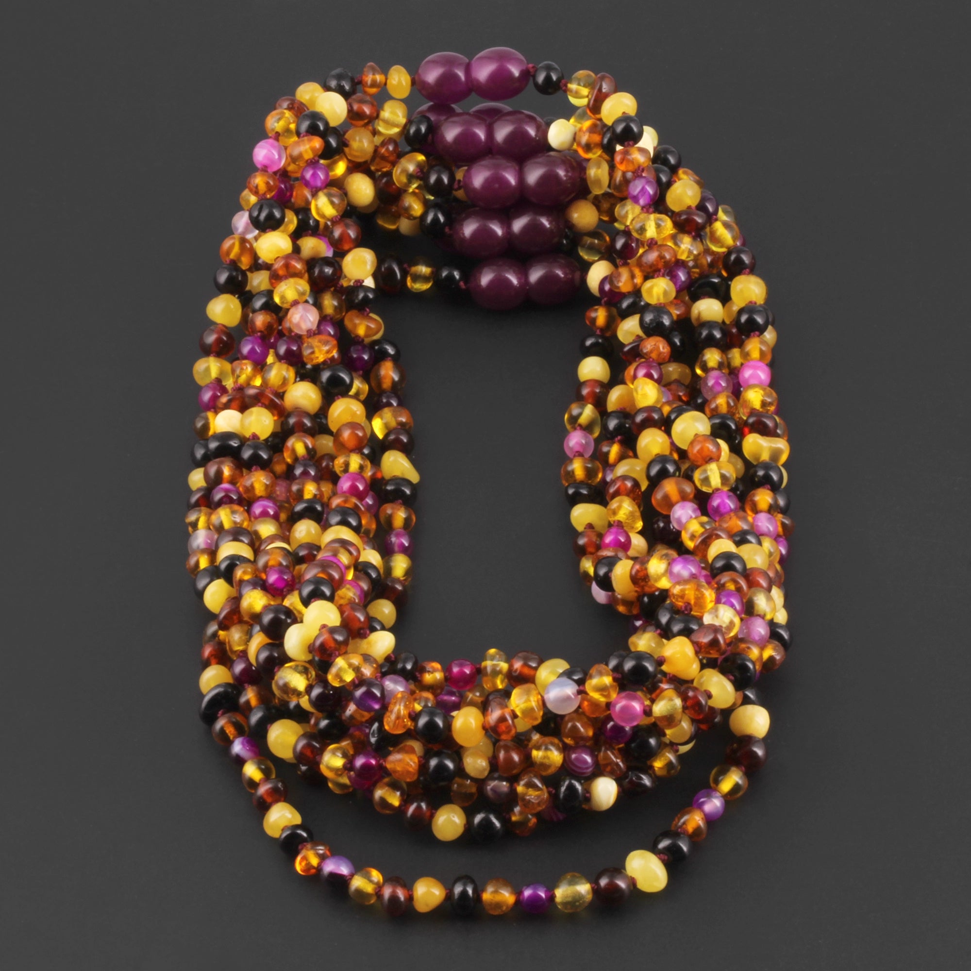 Baltic Amber & Pink Agate Baby Teething Necklace Baroque Multicolor Glossy Finish - Wholesale Lot of 10pcs - 32cm / 12.6in - LE458-S