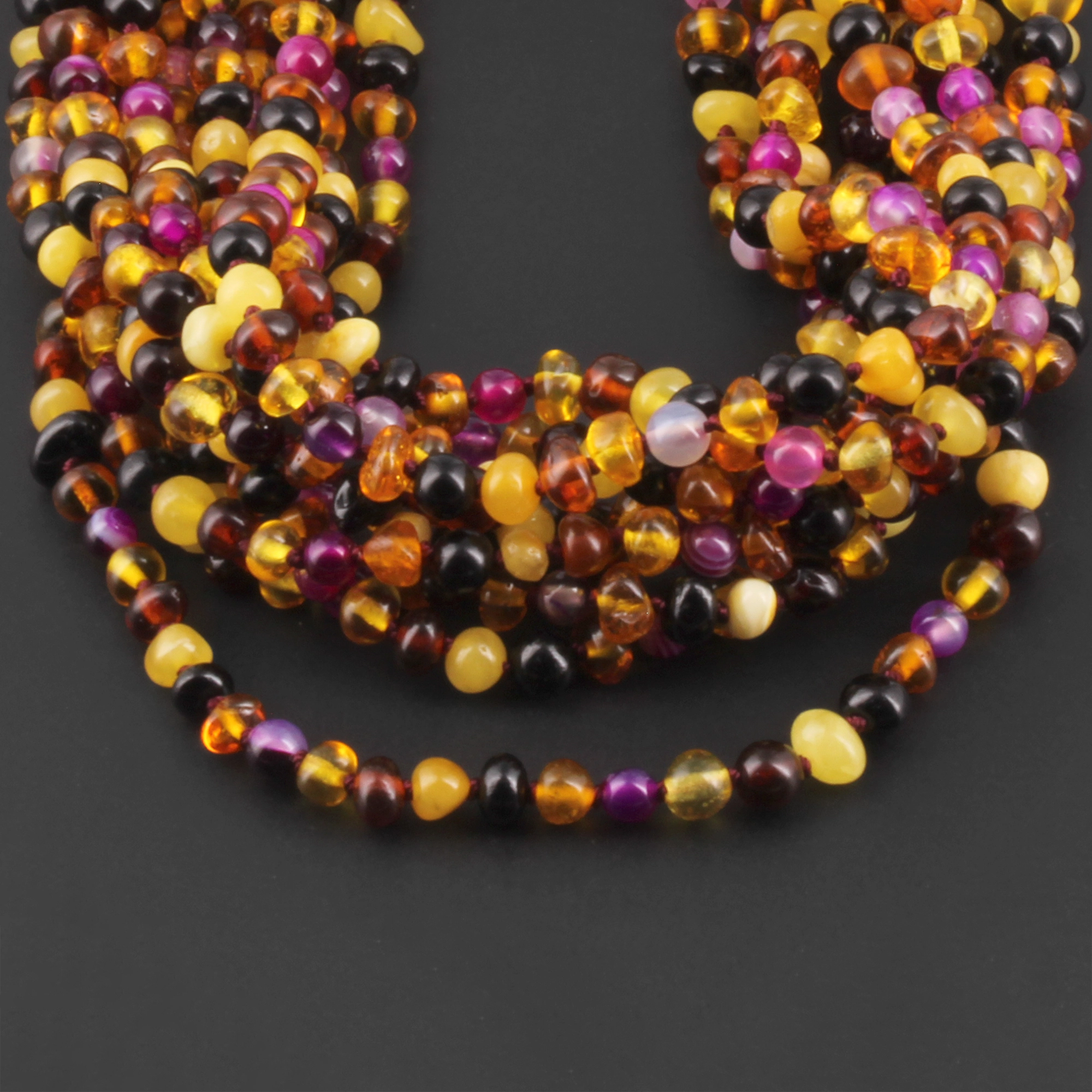 Baltic Amber & Pink Agate Baby Teething Necklace Baroque Multicolor Glossy Finish - Wholesale Lot of 10pcs - 32cm / 12.6in - LE458-S