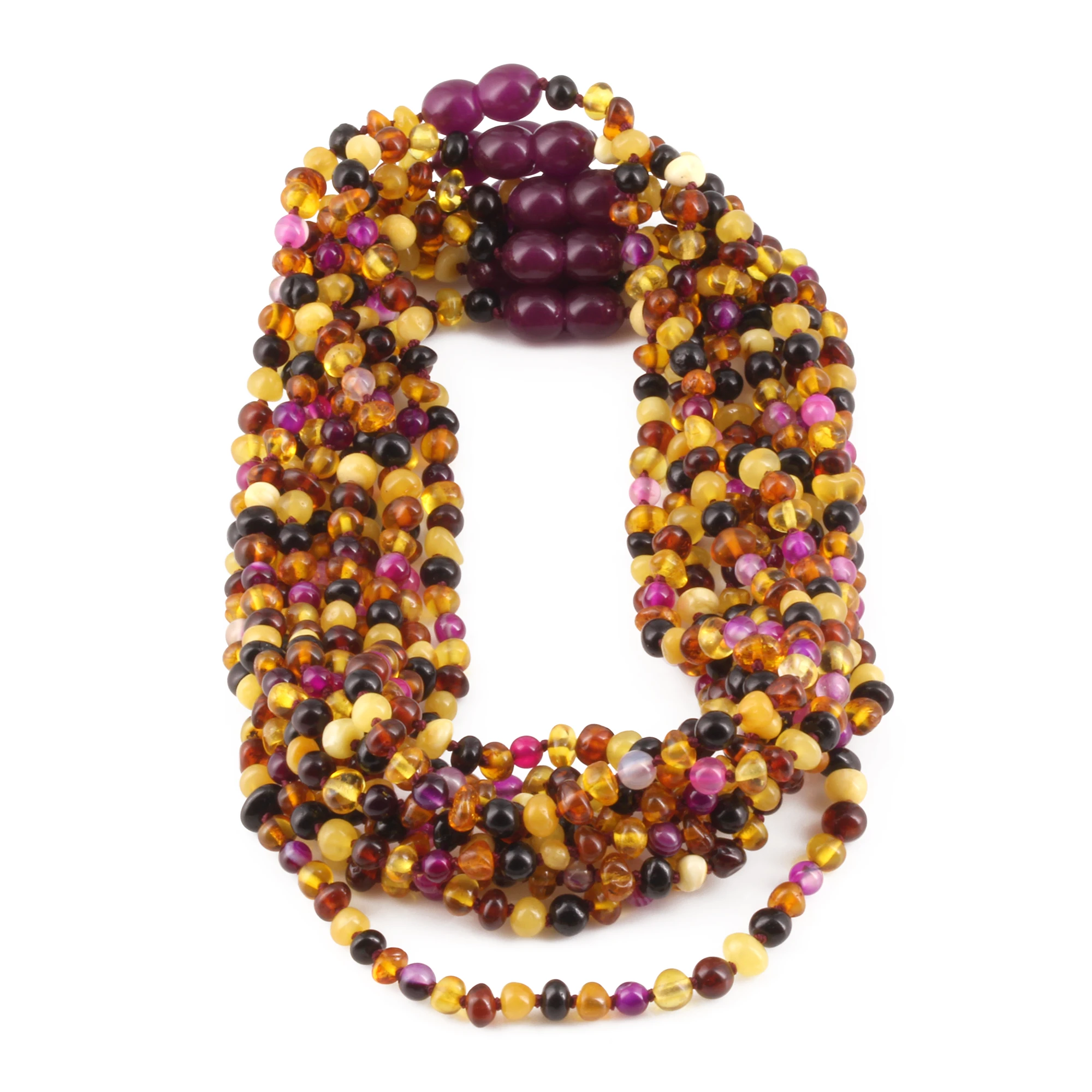 Baltic Amber & Pink Agate Baby Teething Necklace Baroque Multicolor Glossy Finish - Wholesale Lot of 10pcs - 32cm / 12.6in - LE458-S