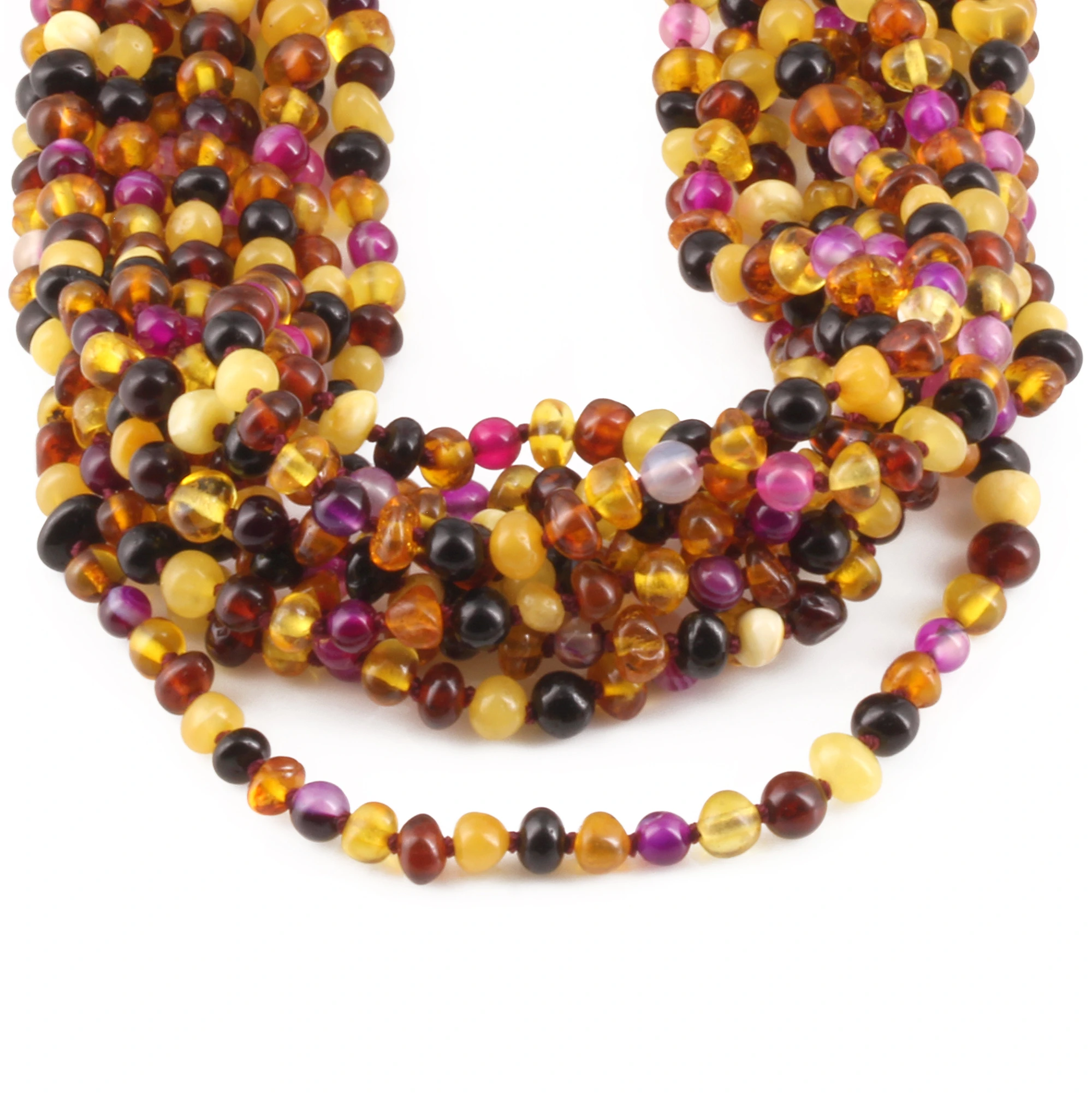 Baltic Amber & Pink Agate Baby Teething Necklace Baroque Multicolor Glossy Finish - Wholesale Lot of 10pcs - 32cm / 12.6in - LE458-S