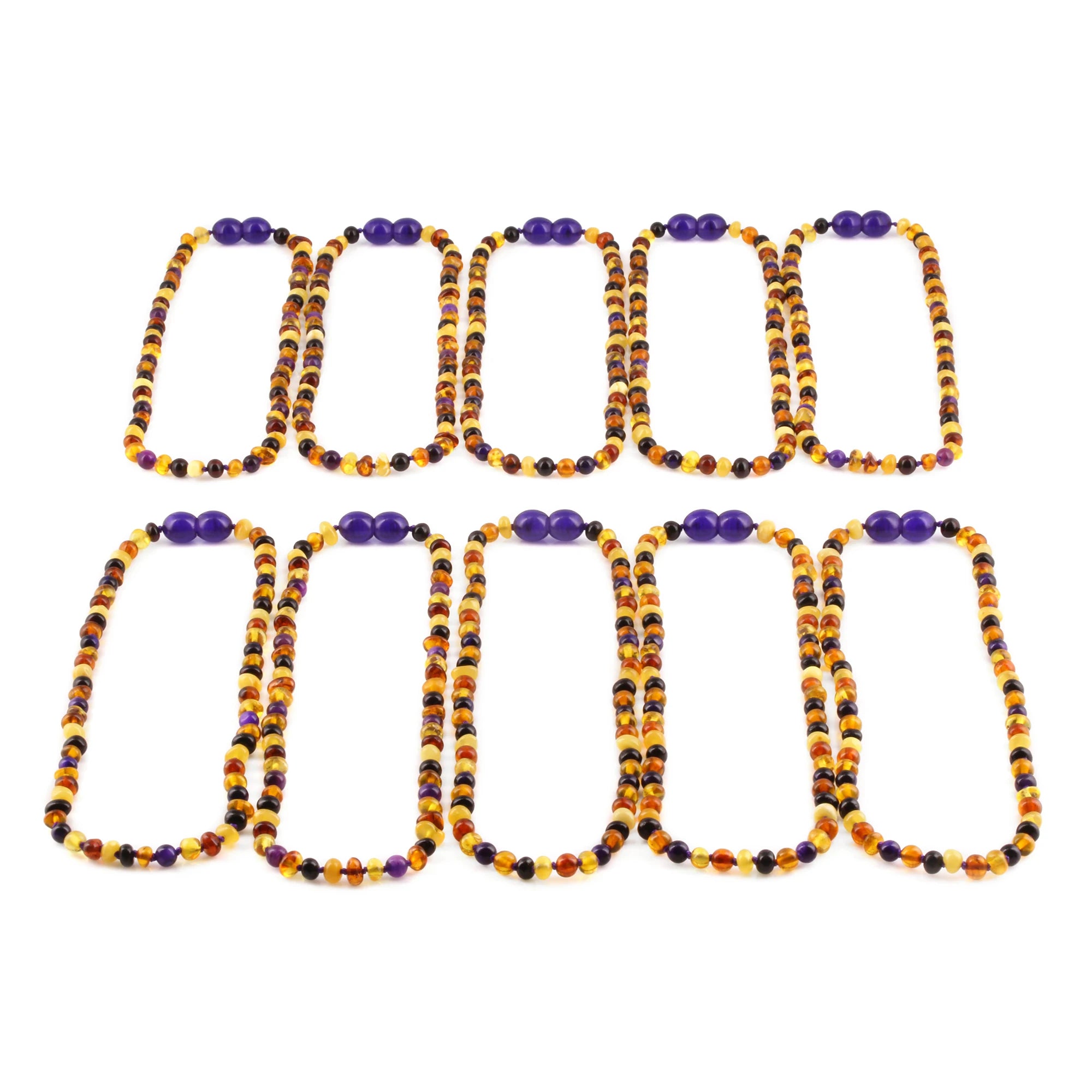 Baltic Amber & Purple Tiger Eye Baby Teething Necklace Baroque Multicolor Glossy Finish - Wholesale Lot of 10pcs - 32cm / 12.6in - LE554-S