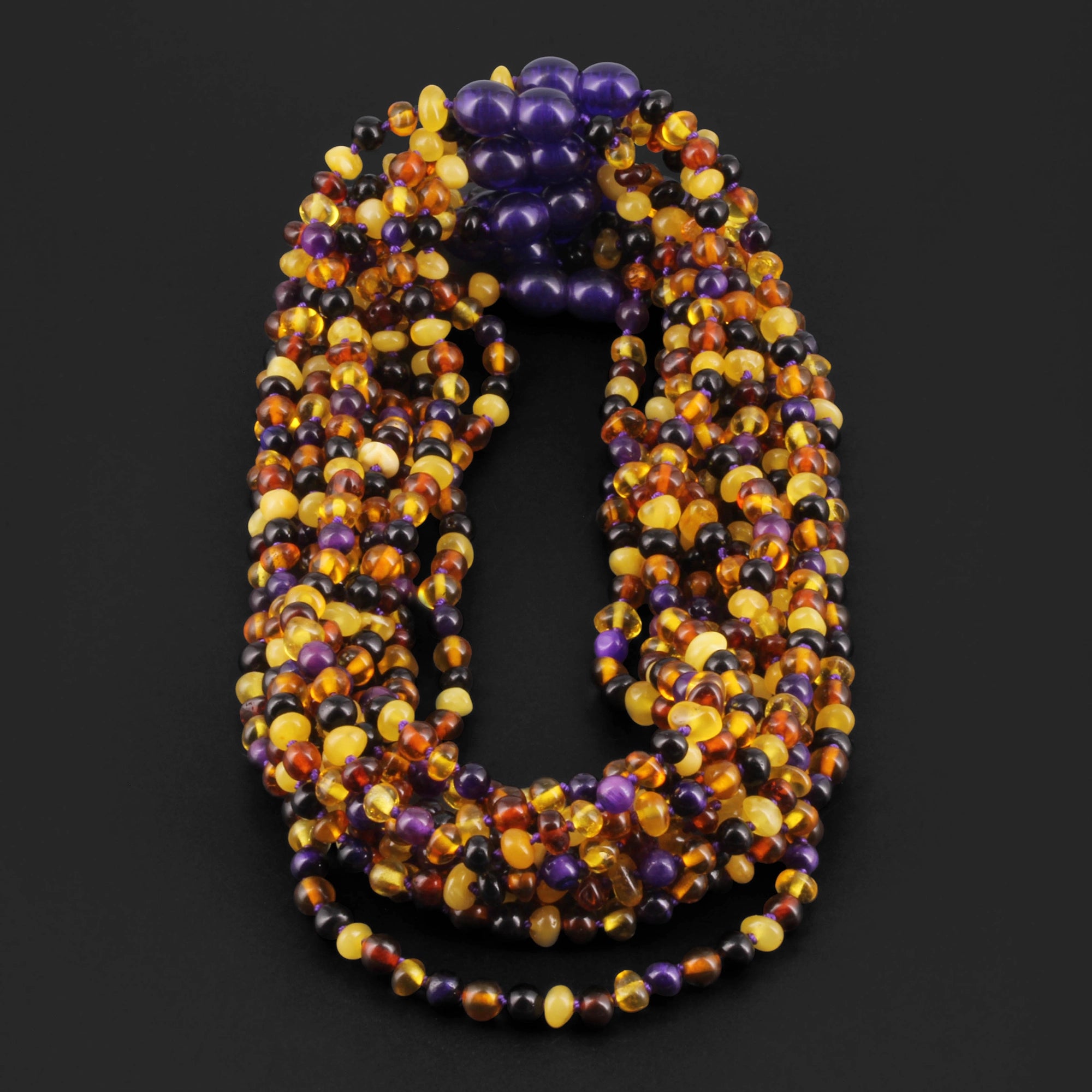 Baltic Amber & Purple Tiger Eye Baby Teething Necklace Baroque Multicolor Glossy Finish - Wholesale Lot of 10pcs - 32cm / 12.6in - LE554-S