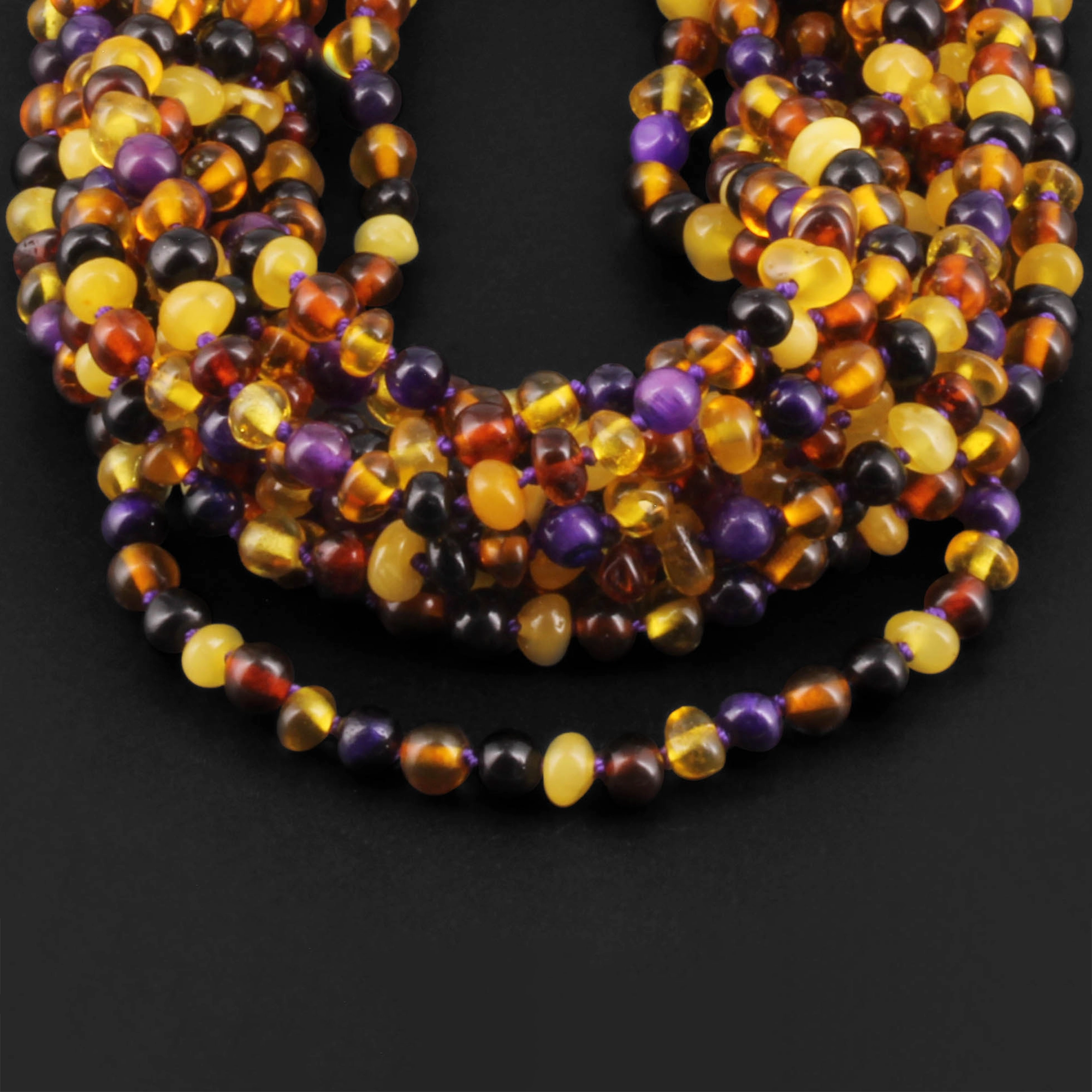 Baltic Amber & Purple Tiger Eye Baby Teething Necklace Baroque Multicolor Glossy Finish - Wholesale Lot of 10pcs - 32cm / 12.6in - LE554-S