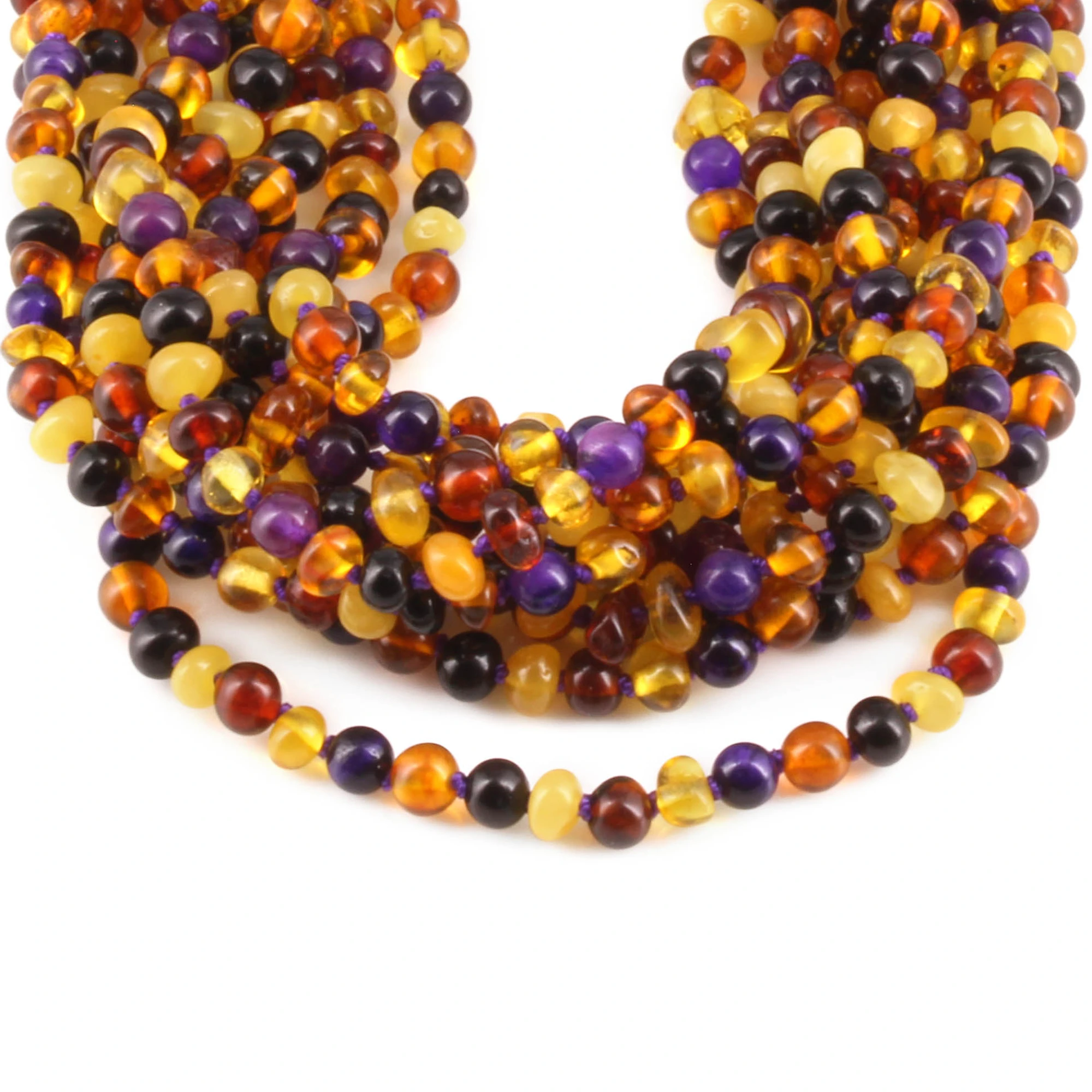 Baltic Amber & Purple Tiger Eye Baby Teething Necklace Baroque Multicolor Glossy Finish - Wholesale Lot of 10pcs - 32cm / 12.6in - LE554-S