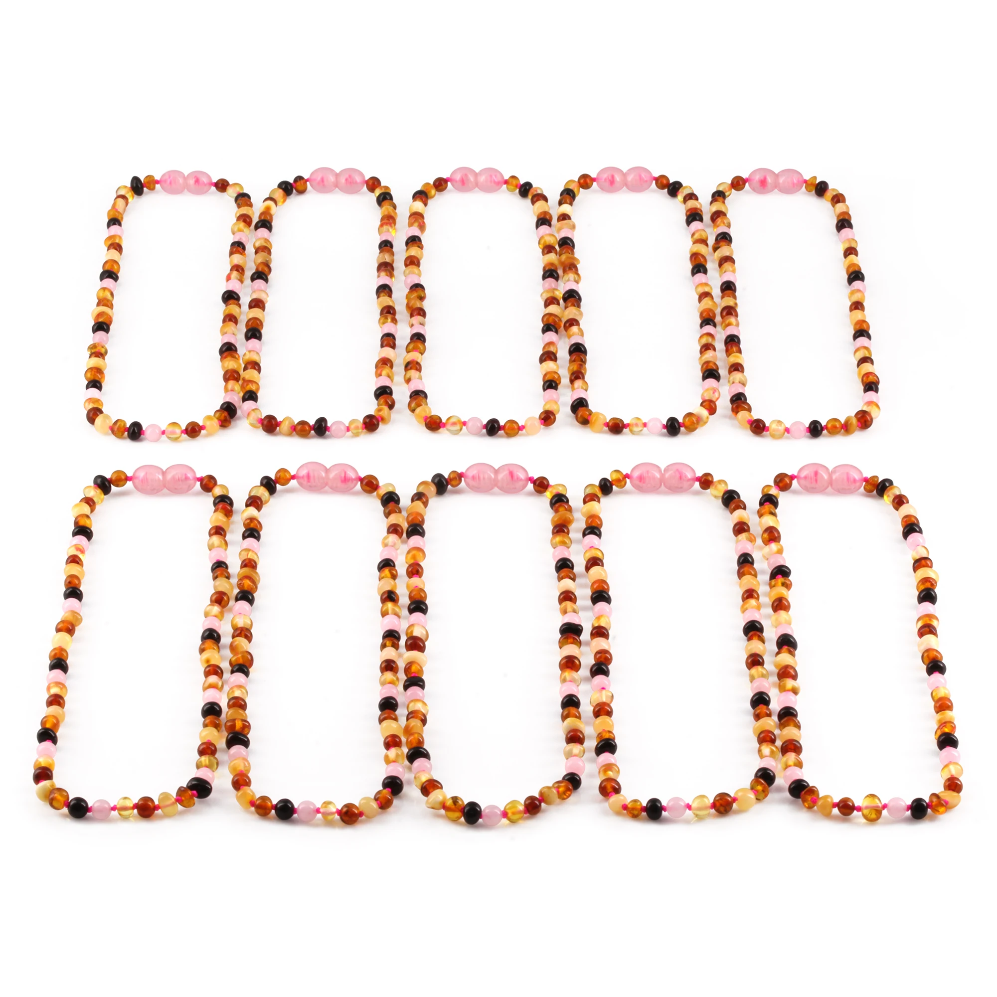 Baltic Amber & Rose Quartz Baby Teething Necklace Baroque Multicolor Glossy Finish - Wholesale Lot of 10pcs - 32cm / 12.6in - LE459-S