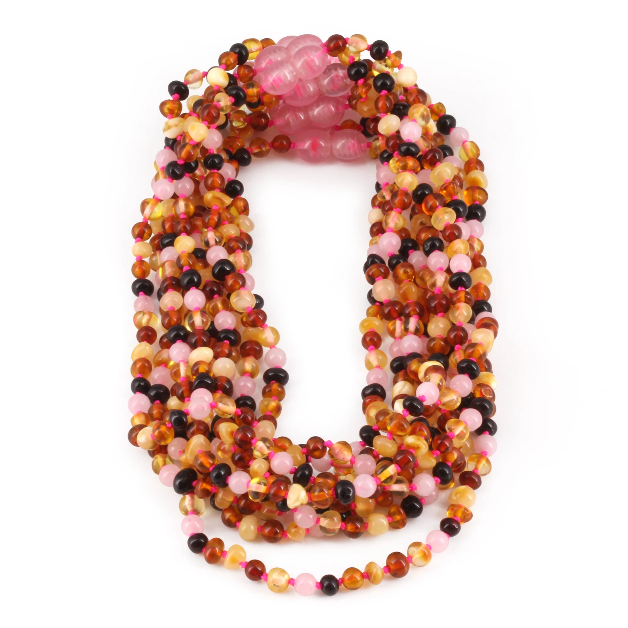 Baltic Amber & Rose Quartz Baby Teething Necklace Baroque Multicolor Glossy Finish - Wholesale Lot of 10pcs - 32cm / 12.6in - LE459-S
