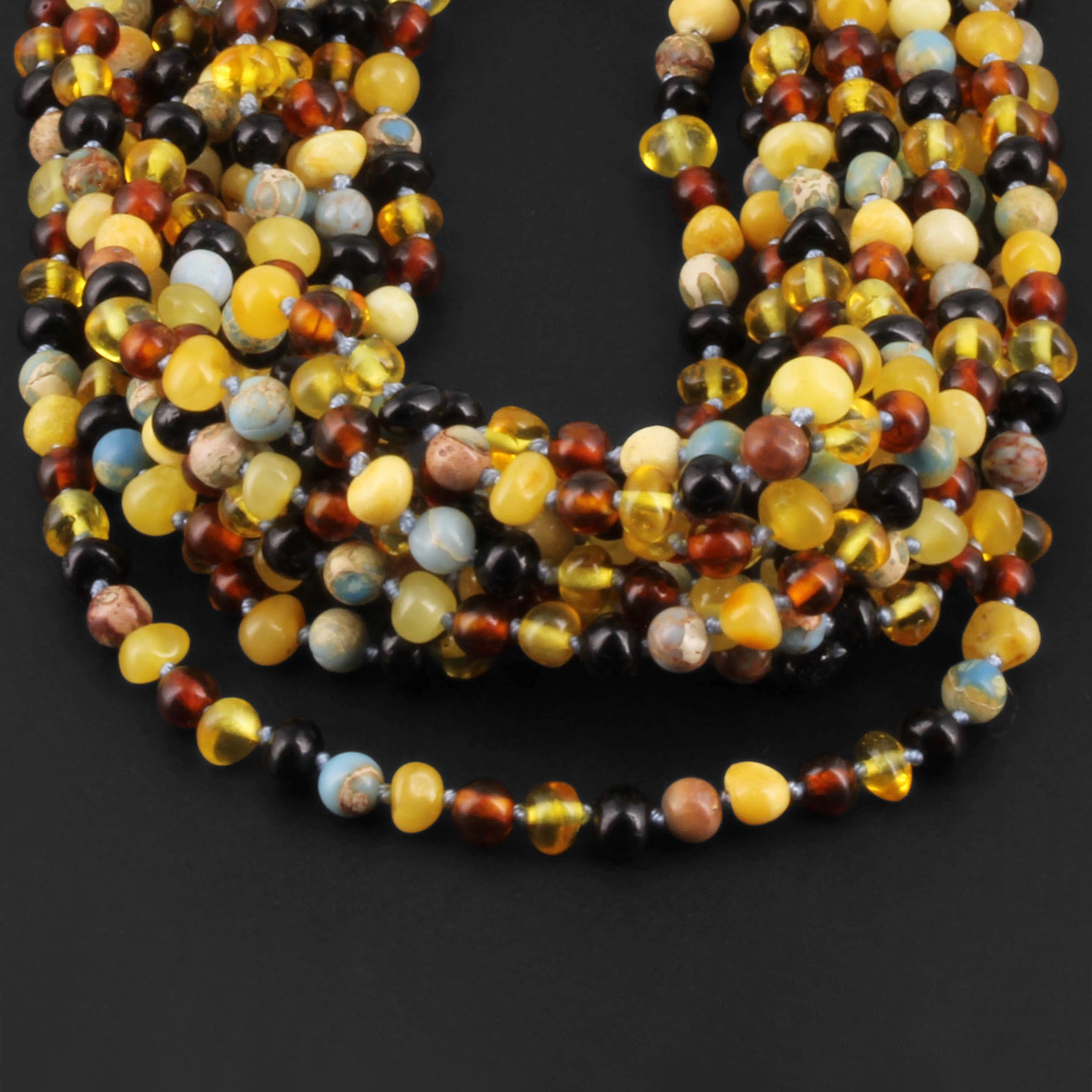 Baltic Amber & Blue Jasper Baby Teething Necklace Baroque Multicolor Glossy Finish - Wholesale Lot of 10pcs - 32cm / 12.6in - LE466-S