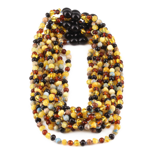Baltic Amber & Blue Jasper Baby Teething Necklace Baroque Multicolor Glossy Finish - Wholesale Lot of 10pcs - 32cm / 12.6in - LE466-S