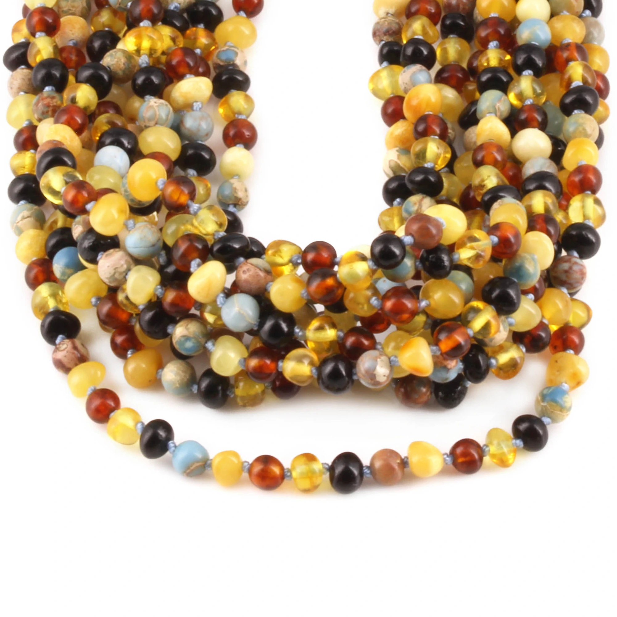 Baltic Amber & Blue Jasper Baby Teething Necklace Baroque Multicolor Glossy Finish - Wholesale Lot of 10pcs - 32cm / 12.6in - LE466-S
