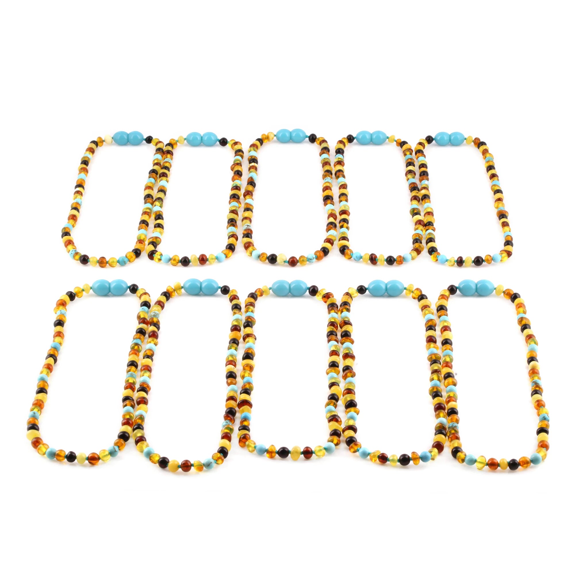 Baltic Amber & Turquoise Baby Teething Necklace Baroque Multicolor Glossy Finish - Wholesale Lot of 10pcs - 32cm / 12.6in - LE465-S