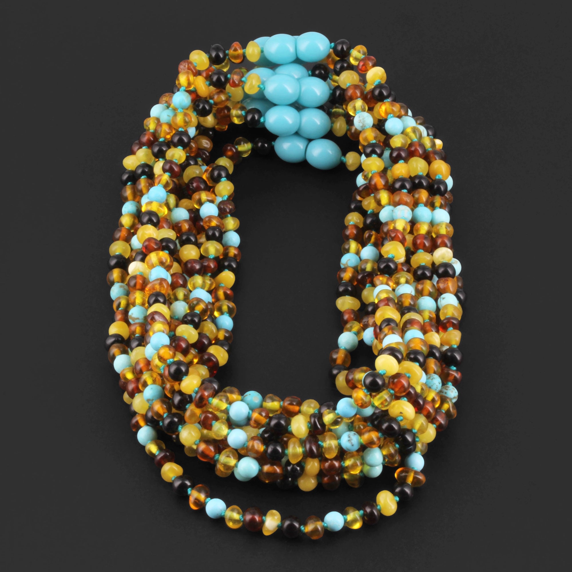 Baltic Amber & Turquoise Baby Teething Necklace Baroque Multicolor Glossy Finish - Wholesale Lot of 10pcs - 32cm / 12.6in - LE465-S