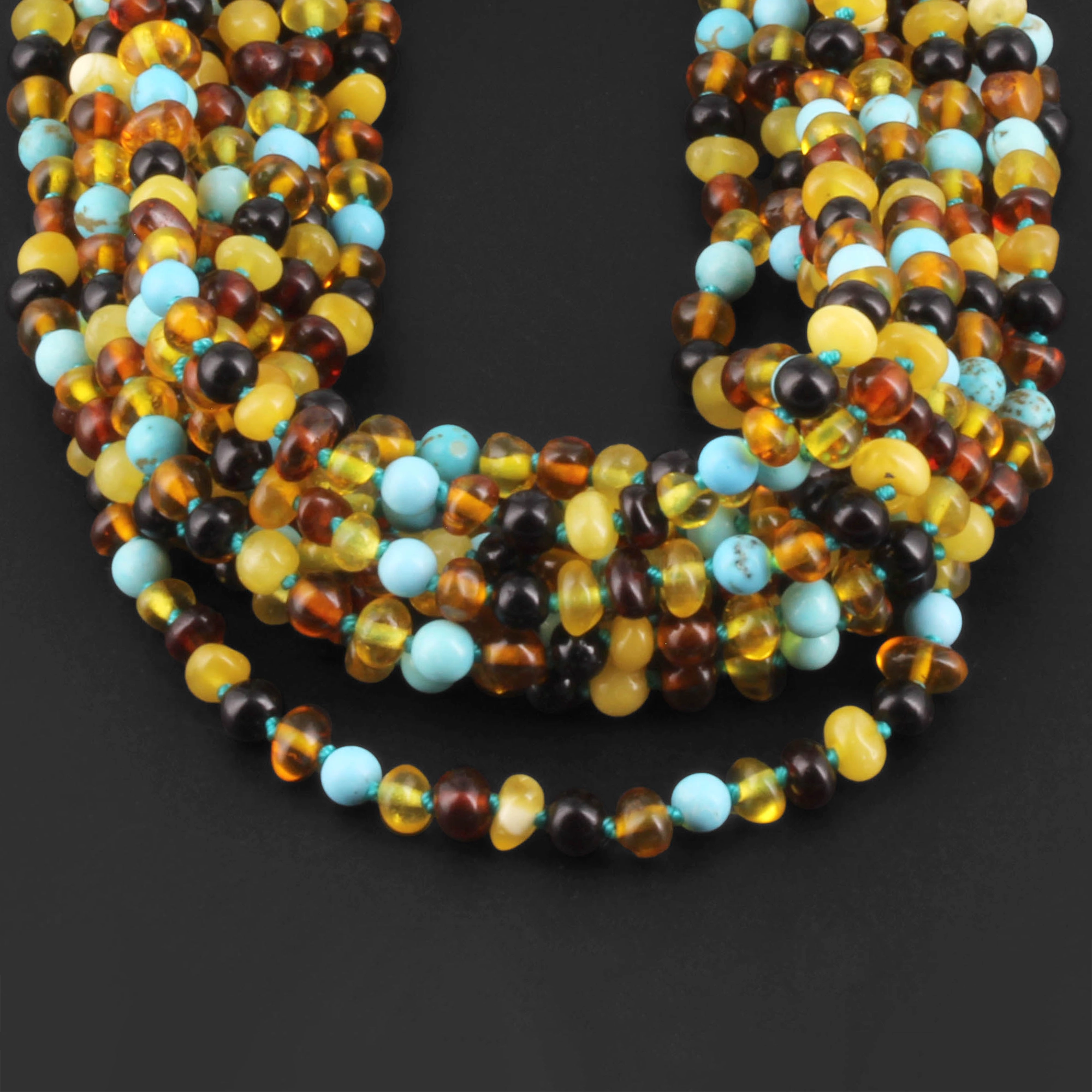 Baltic Amber & Turquoise Baby Teething Necklace Baroque Multicolor Glossy Finish - Wholesale Lot of 10pcs - 32cm / 12.6in - LE465-S