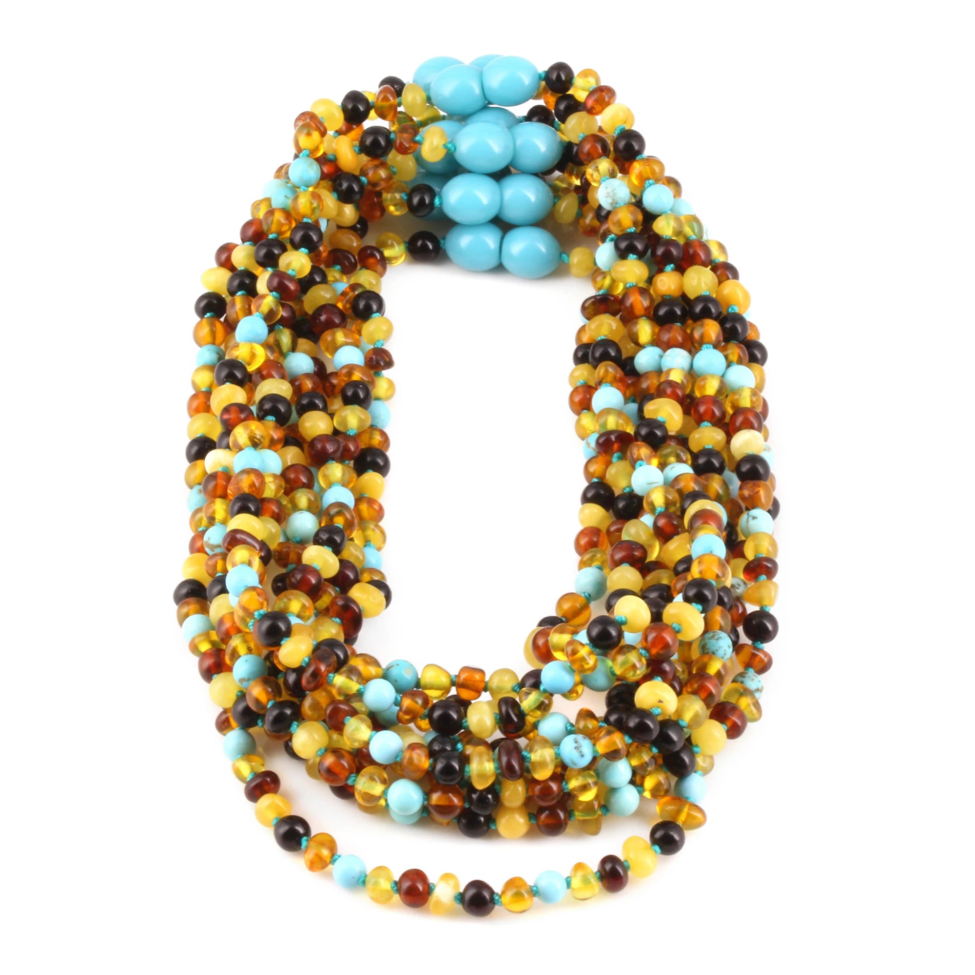Baltic Amber & Turquoise Baby Teething Necklace Baroque Multicolor Glossy Finish - Wholesale Lot of 10pcs - 32cm / 12.6in - LE465-S