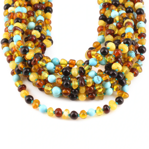 Baltic Amber & Turquoise Baby Teething Necklace Baroque Multicolor Glossy Finish - Wholesale Lot of 10pcs - 32cm / 12.6in - LE465-S