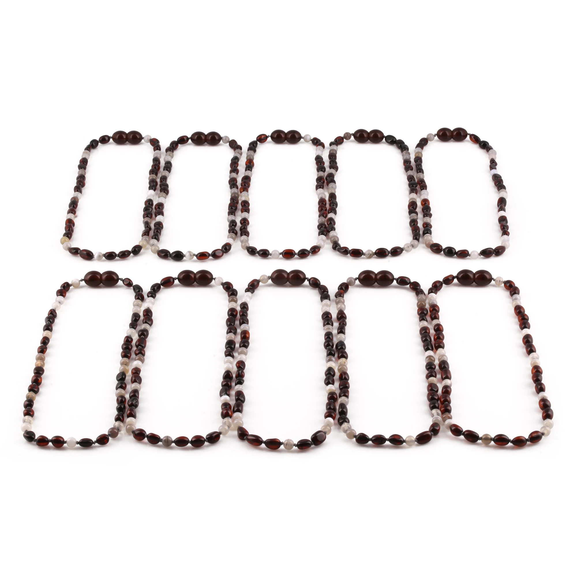 Baltic Amber & Botswana Agate Baby Teething Necklace Olive Dark Cognac Glossy Finish - Wholesale Lot of 10pcs - 32cm / 12.6in - AGL43
