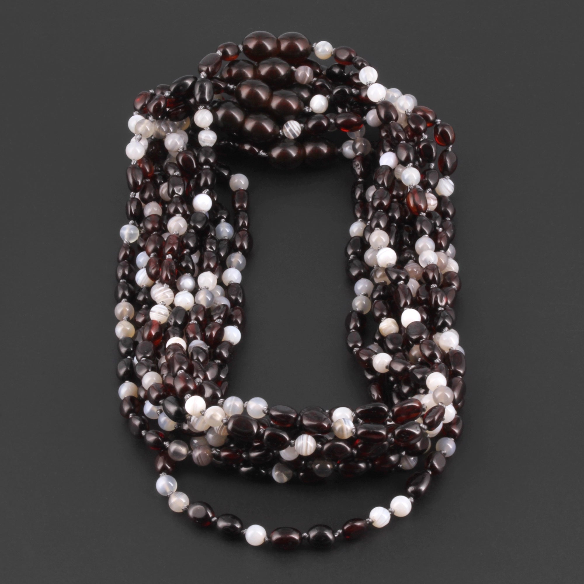 Baltic Amber & Botswana Agate Baby Teething Necklace Olive Dark Cognac Glossy Finish - Wholesale Lot of 10pcs - 32cm / 12.6in - AGL43