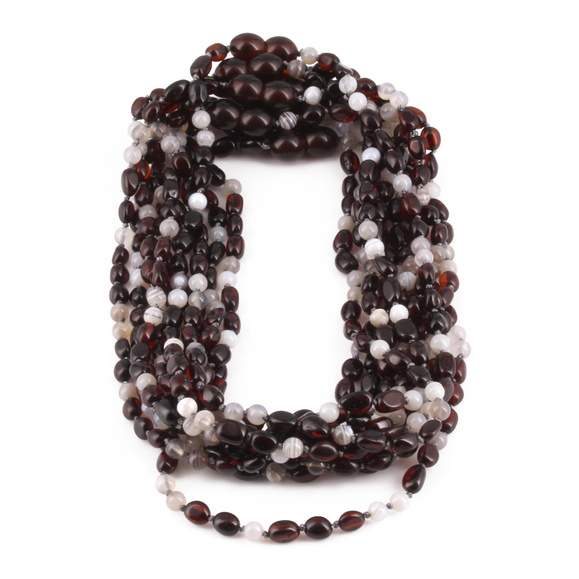 Baltic Amber & Botswana Agate Baby Teething Necklace Olive Dark Cognac Glossy Finish - Wholesale Lot of 10pcs - 32cm / 12.6in - AGL43