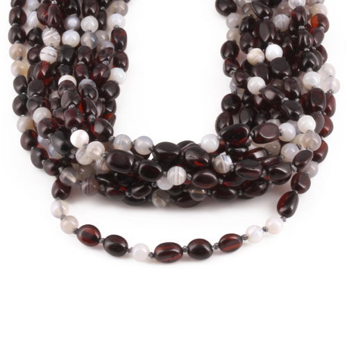 Baltic Amber & Botswana Agate Baby Teething Necklace Olive Dark Cognac Glossy Finish - Wholesale Lot of 10pcs - 32cm / 12.6in - AGL43