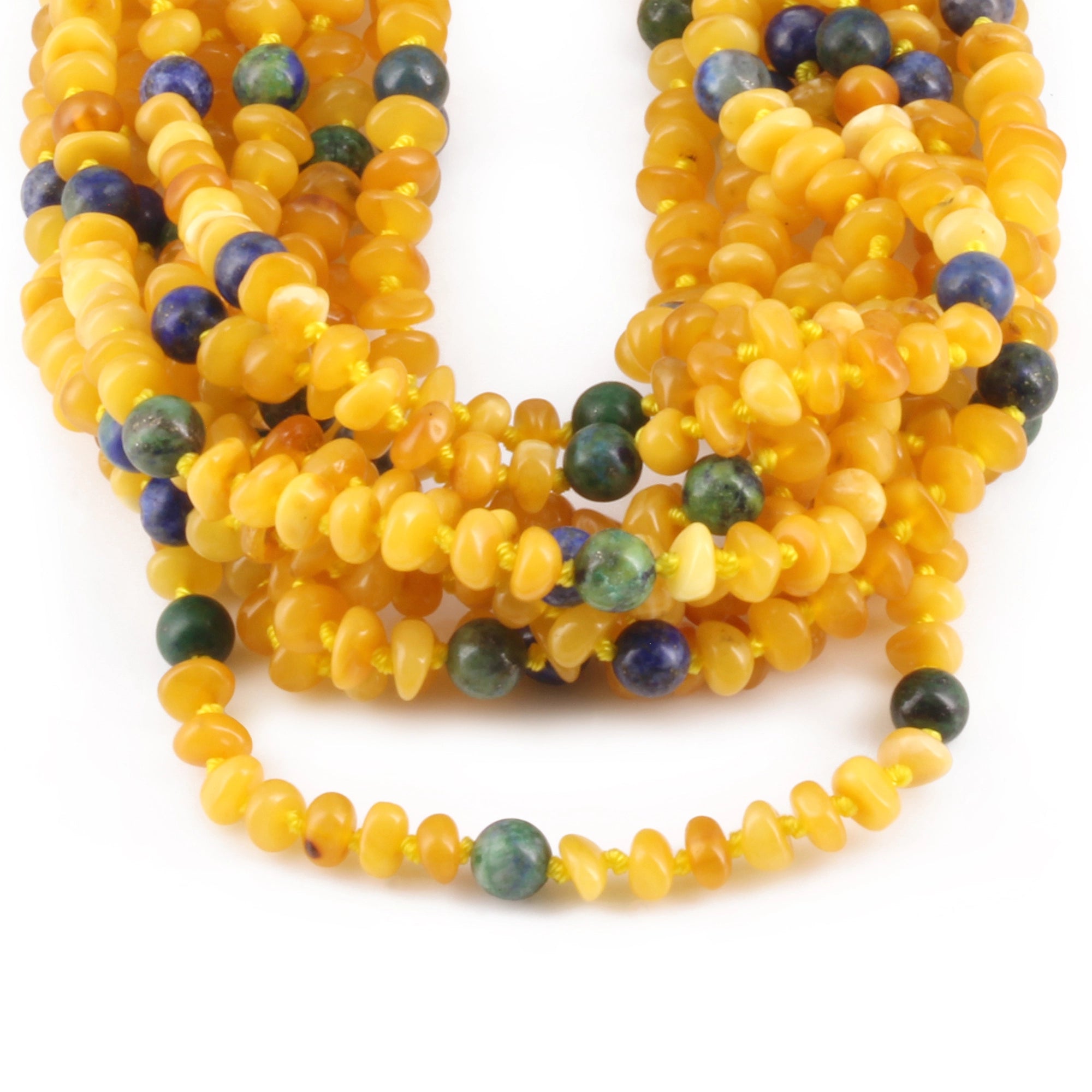 Baltic Amber, Azurite & Lapis Lazuli Baby Teething Necklace Roundel Milky Yellow Glossy Finish - Wholesale Lot of 10pcs - 32cm / 12.6in - AGL44
