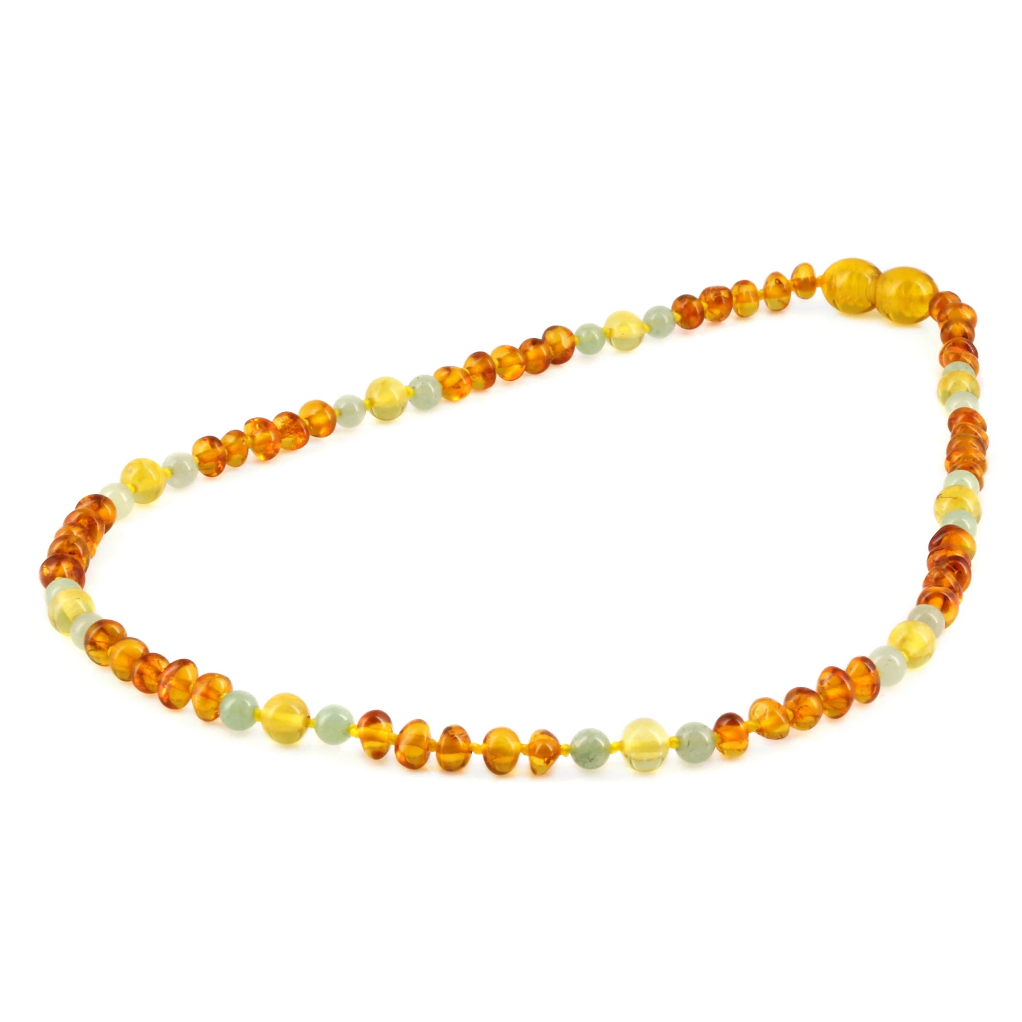 Baltic Amber & Green Aventurine Junior Necklace Baroque Light Cognac Glossy Finish - Wholesale Lot of 10pcs - 38cm / 15in - JN76 V2