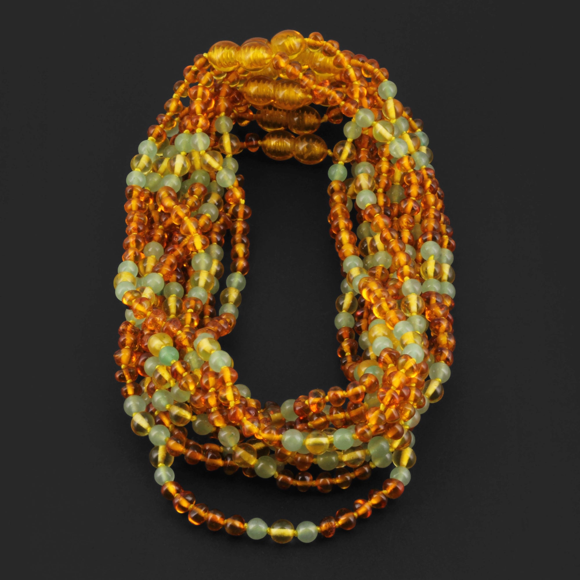 Baltic Amber & Green Aventurine Junior Necklace Baroque Light Cognac Glossy Finish - Wholesale Lot of 10pcs - 38cm / 15in - JN76 V2
