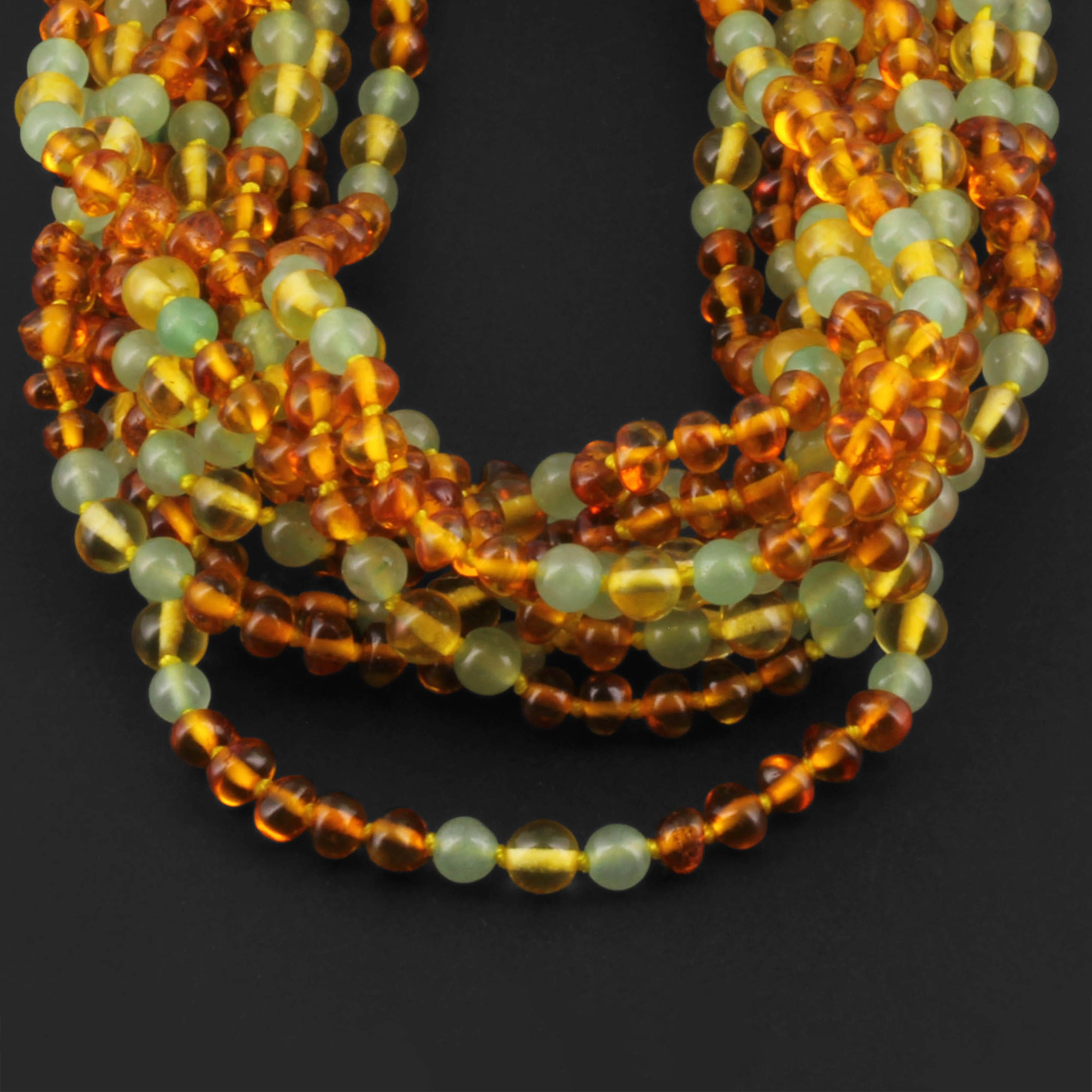 Baltic Amber & Green Aventurine Junior Necklace Baroque Light Cognac Glossy Finish - Wholesale Lot of 10pcs - 38cm / 15in - JN76 V2