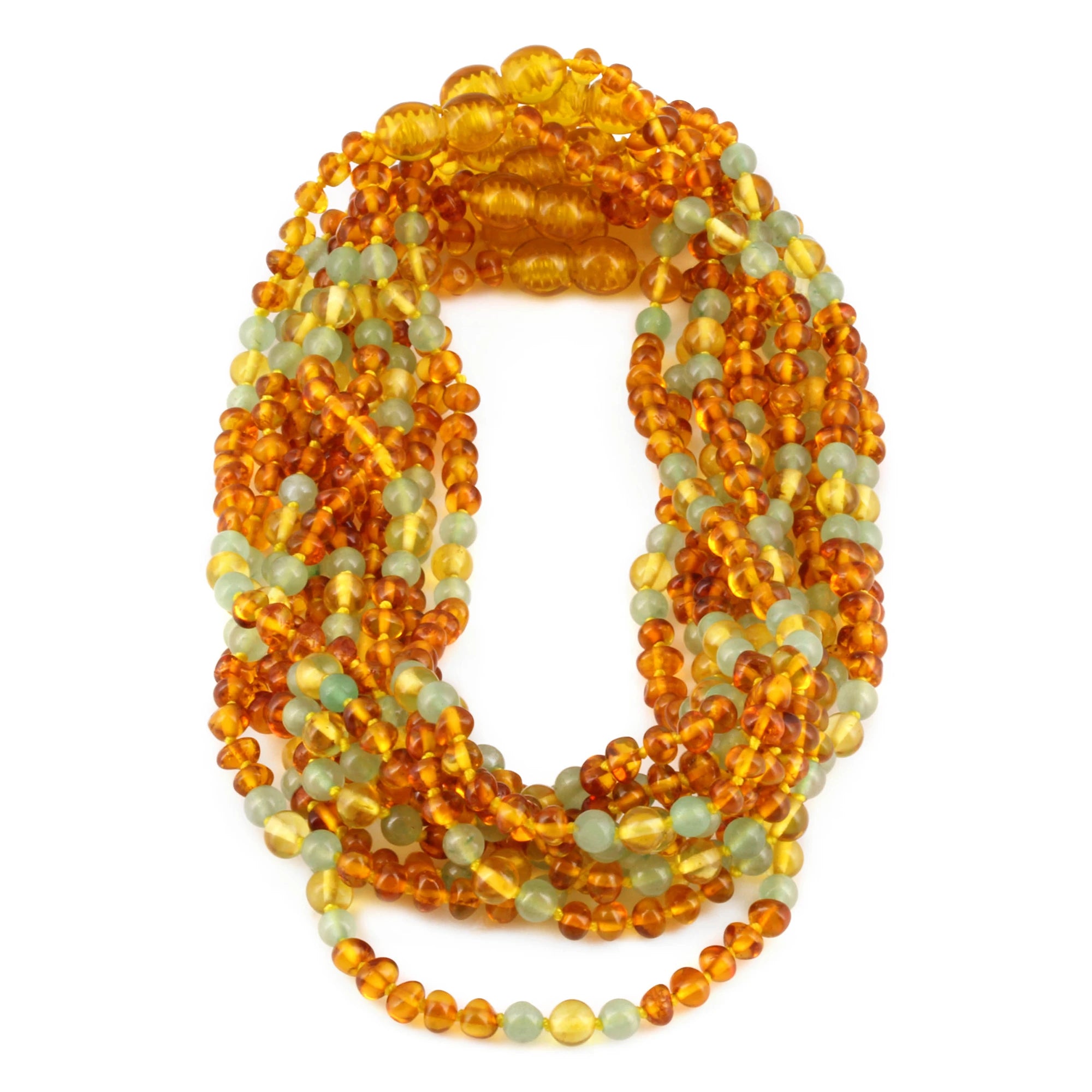 Baltic Amber & Green Aventurine Junior Necklace Baroque Light Cognac Glossy Finish - Wholesale Lot of 10pcs - 38cm / 15in - JN76 V2
