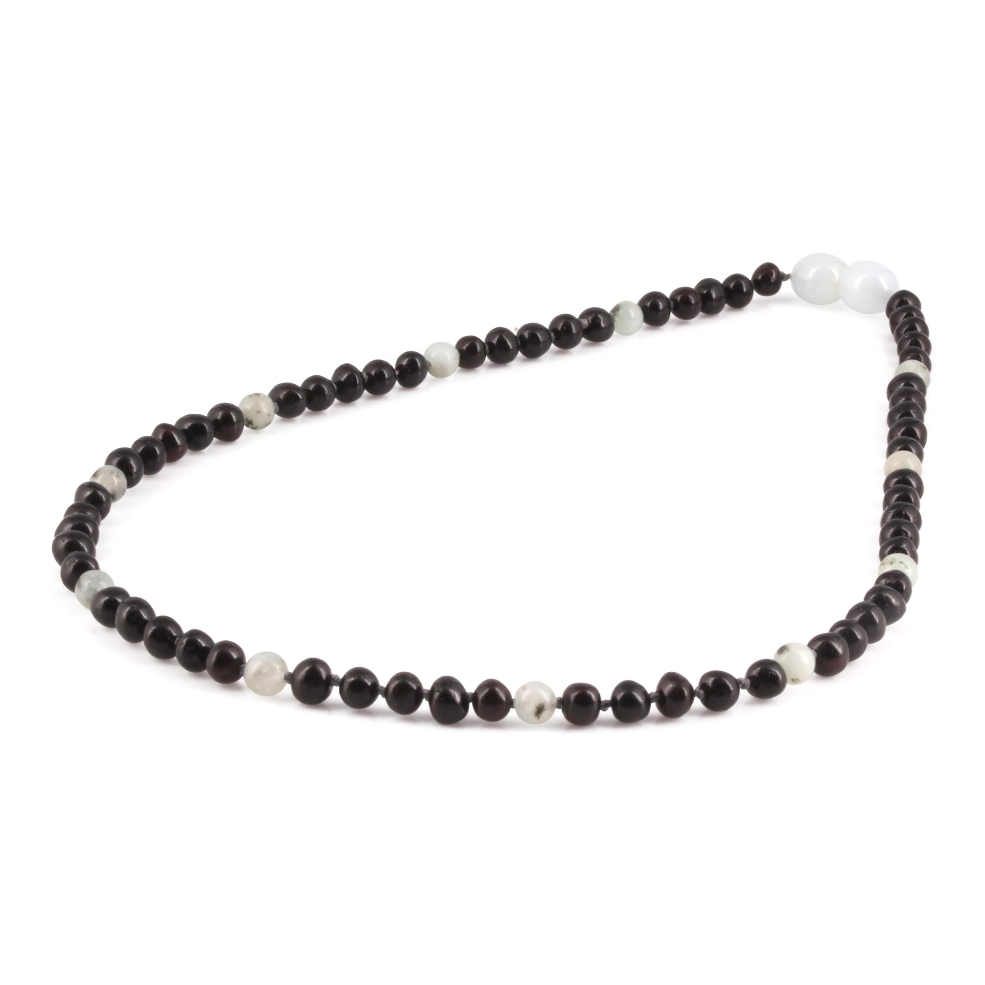 Baltic Amber & Kiwi Jasper Junior Necklace Baroque Black Glossy Finish - Wholesale Lot of 10pcs - 38cm / 15in - JN90-S